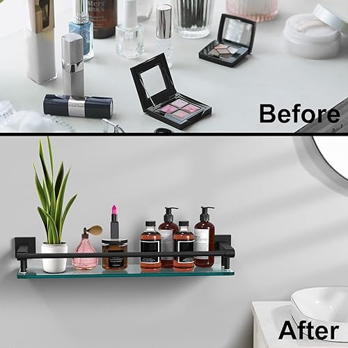 Miniatura 5 de Estante de vidrio para baño de 20 pulgadas, estantes rectangulares de vidrio templado de acero inoxidable moderno para montaje en pared, estante de