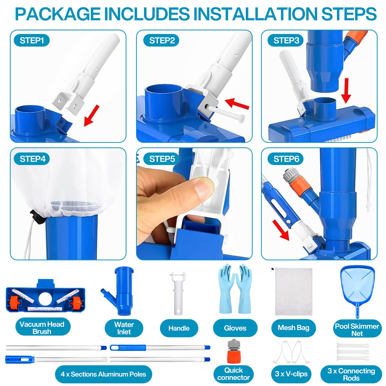 Aspirador de Piscina, Aspiradoras de Mano para Piscinas con 4 Postes de Aluminio Extraíbles y Skimmers para Piscinas, Kit de Limpieza Piscina para Bañera de Hidromasaje de Fuente de Piscina