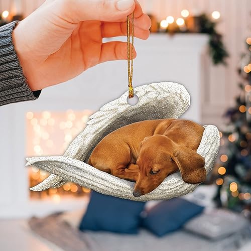 Miniatura 5 de Talataca Dachshund - Ala de ángel durmiente Memorial Tan Wheaten Dachshund 2D Flat Car Rear View Mirror Accessories Christmas Tree Ornament Decor