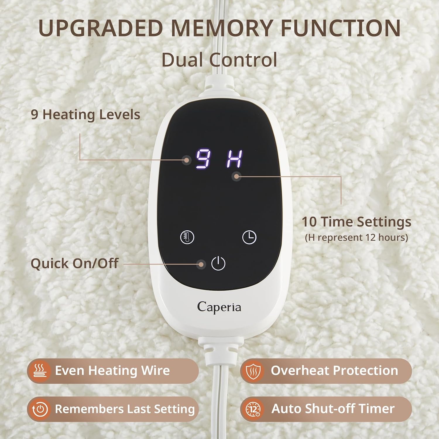Caperia Heated Mattress Pad Queen, Electric Mattress Pad with 9 Heat Settings, Memory Function, Fast Heating, 1-12 Hours Auto Off, Deep Pocket, Machine Washable, 60"x 80", White