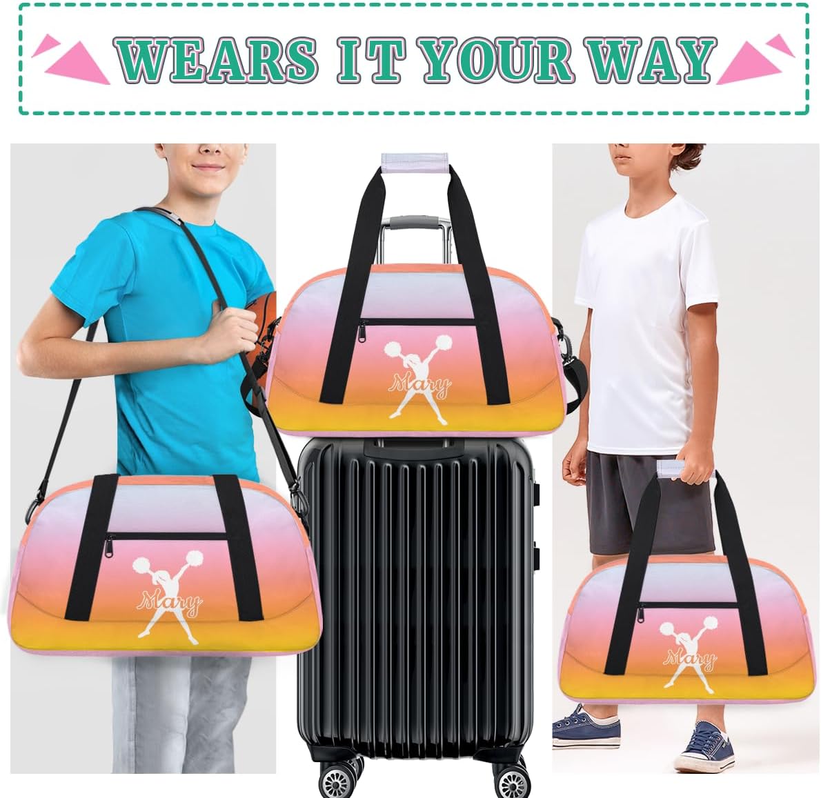 Personalized Cheer Bag Girl Sport Duffel Bag, Custom Kids Gym Bag, Customize Travel Duffle Bag with Name, Overnight Weekender Bags,Gradient Yellow, Cheerleading Gifts - Image 6