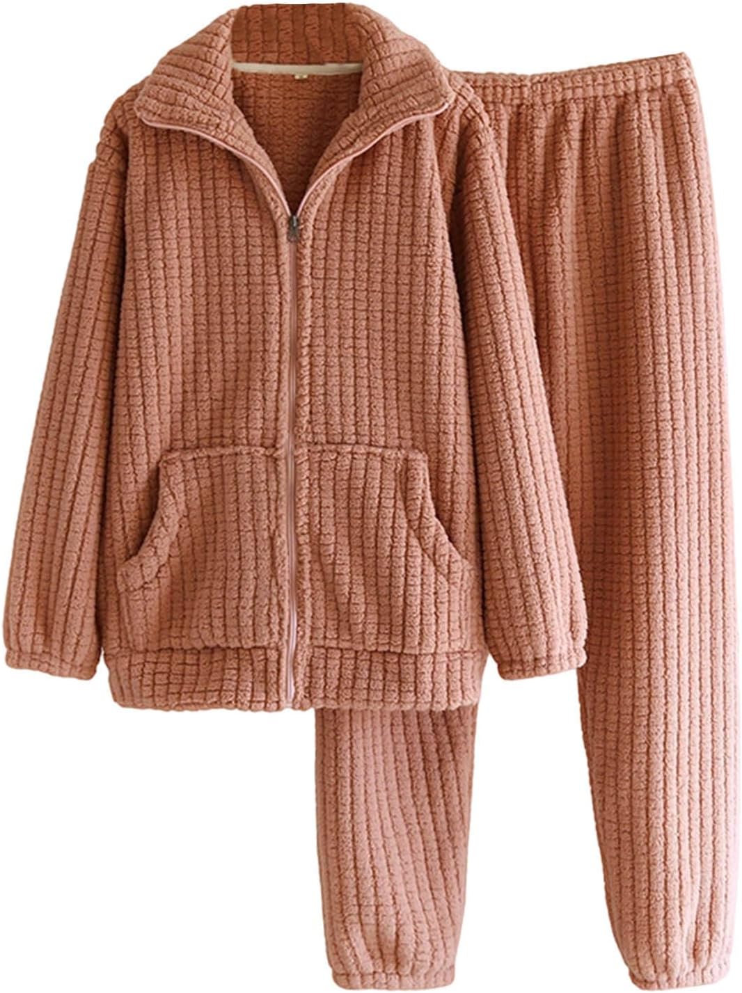 Fluffy Pajamas for Women Set Winter Fleece Zip Up Coats Warm Fuzzy Pjs Flannel 2 Piece Lounge Sets with Pockets