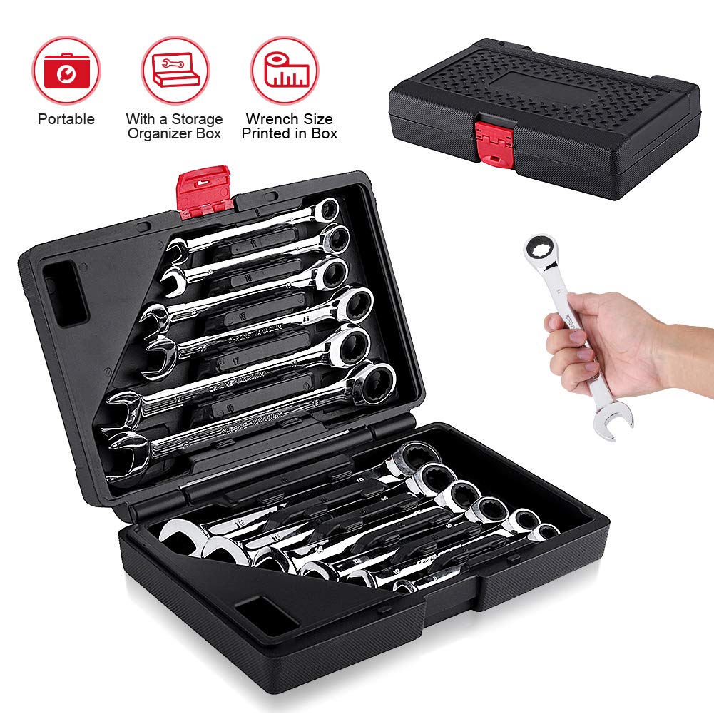 AYNEFY - Llave de trinquete ajustable profesional estándar de 8 a 19 mm cromo vanadio con caja de almacenamiento para bricolaje, bricolaje, garaje, reparación de automóviles
