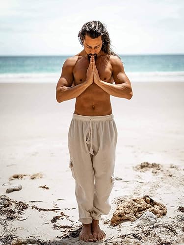 Miniatura 4 de Handmade OKKO Beige Organic Hemp and Cotton Mens Pants, Handmade, Four Pockets, Eco friendly, Sustainable Comfortable Earthy Yoga Gypsy Boho AJJAYA