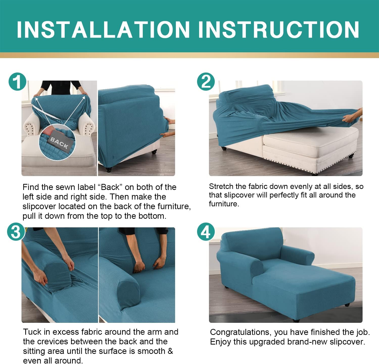 OKYUK Chaise Lounge Cover, Stretch Chaise Chair Covers, Sofa Chaise Slipcover with Double Arm, Jacquard Fabric Machine Washable Furniture Protector Couch Soft for Living Room Bedroom, Storm Blue