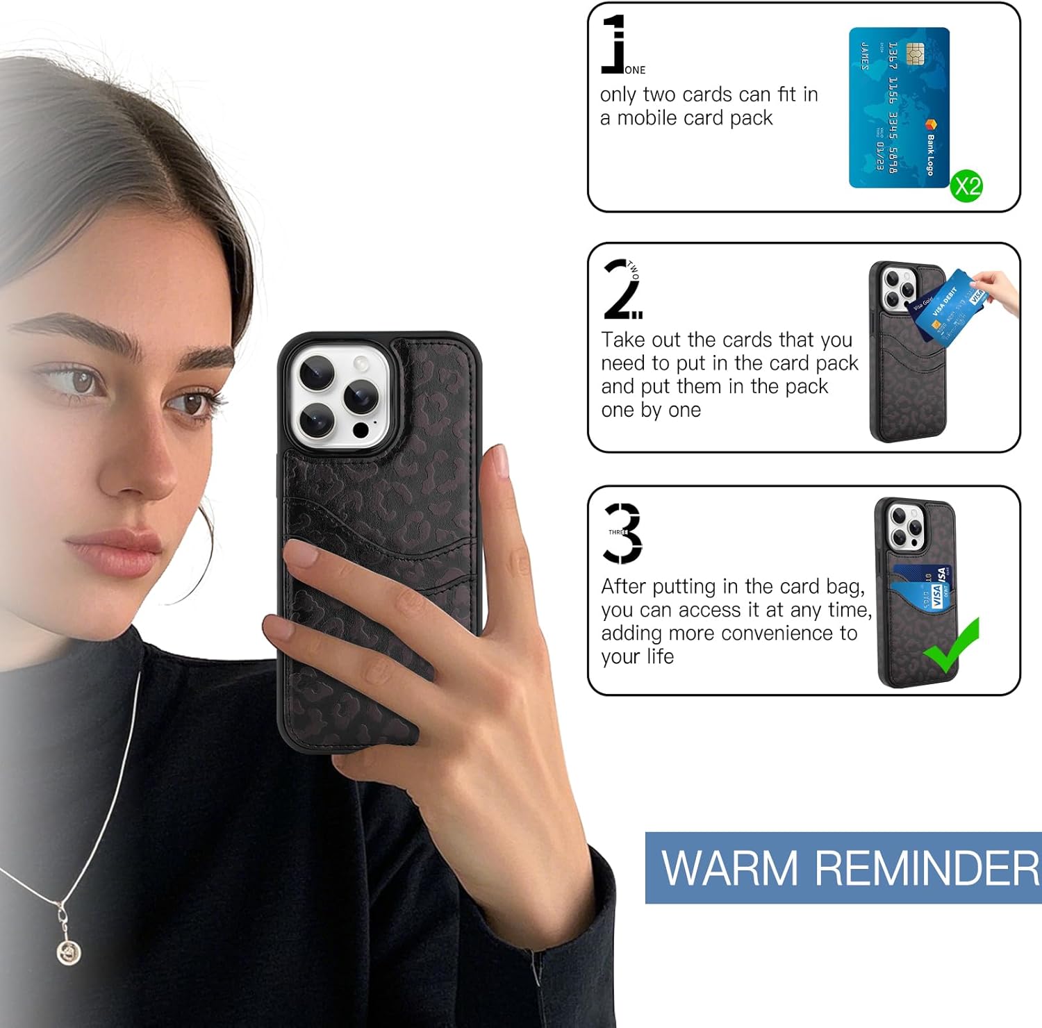 MOWIME Compatible with iPhone 15 Pro Max Wallet Case with Card Holder (2 Cards), Cheetah Print Shockproof Soft TPU Protective Cover Women Girls, Leopard Case for iPhone 15 Pro Max 6.7 Inch, Black - Image 7