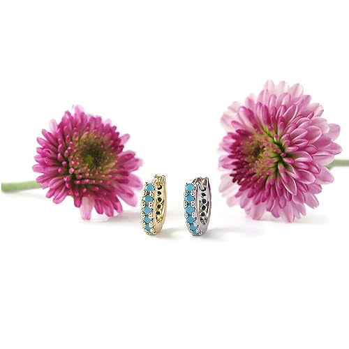 Miniatura 9 de Dainty Tiny Cutie Double Sided Turquoise 6MM Huggie Hoops Handcrafted Hypoallergenic In USA Ship (Rhodium Plated, Two Hoops)