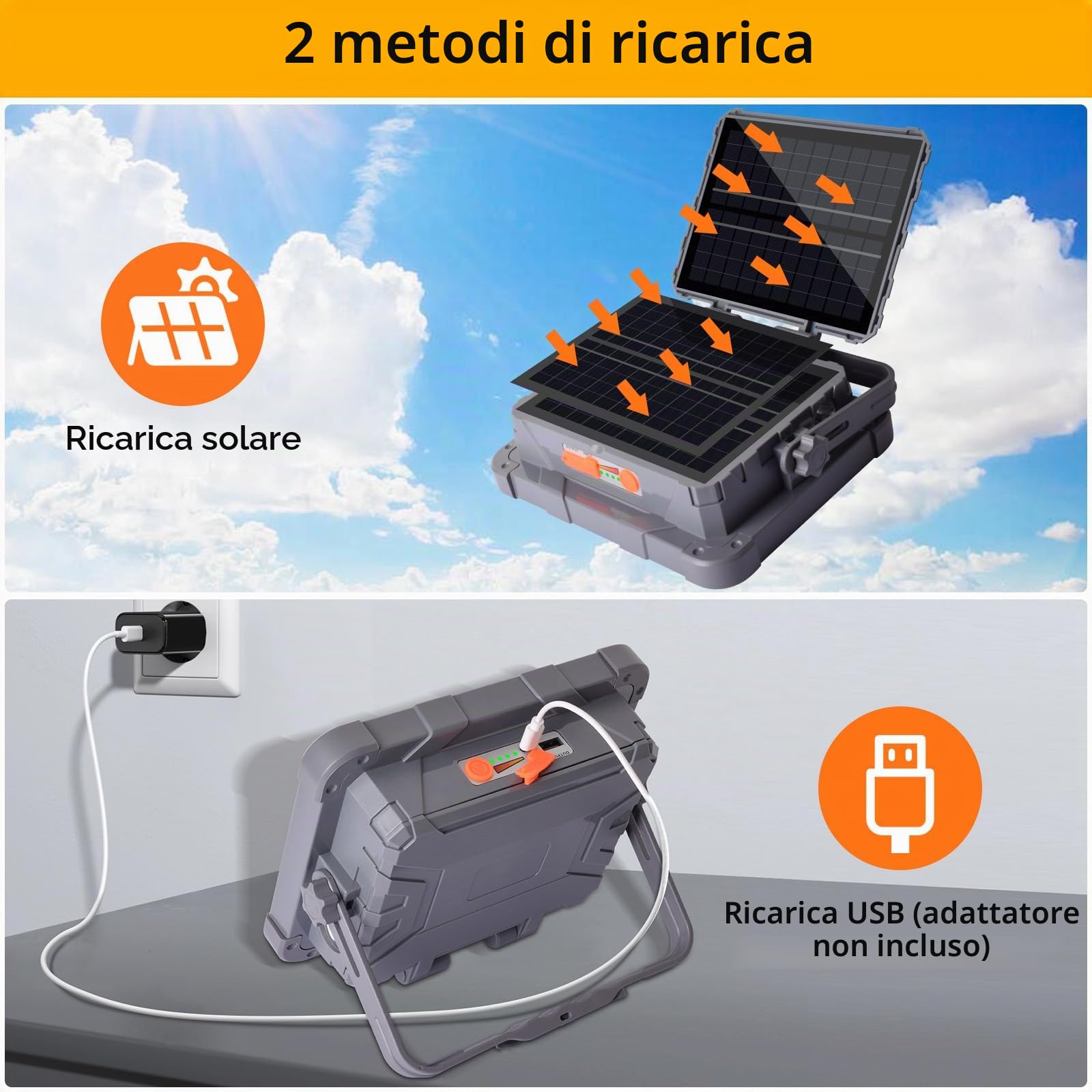 MASMEJOR Faro LED Ricaricabile 100W, Faretto LED Ricaricabile 10000LM 15000mAh con Doppi Pannelli Solari, Funzione Torcia, 5 Modalità, Faro a Batteria Ideale per Campeggio, Lavoro, Pesca