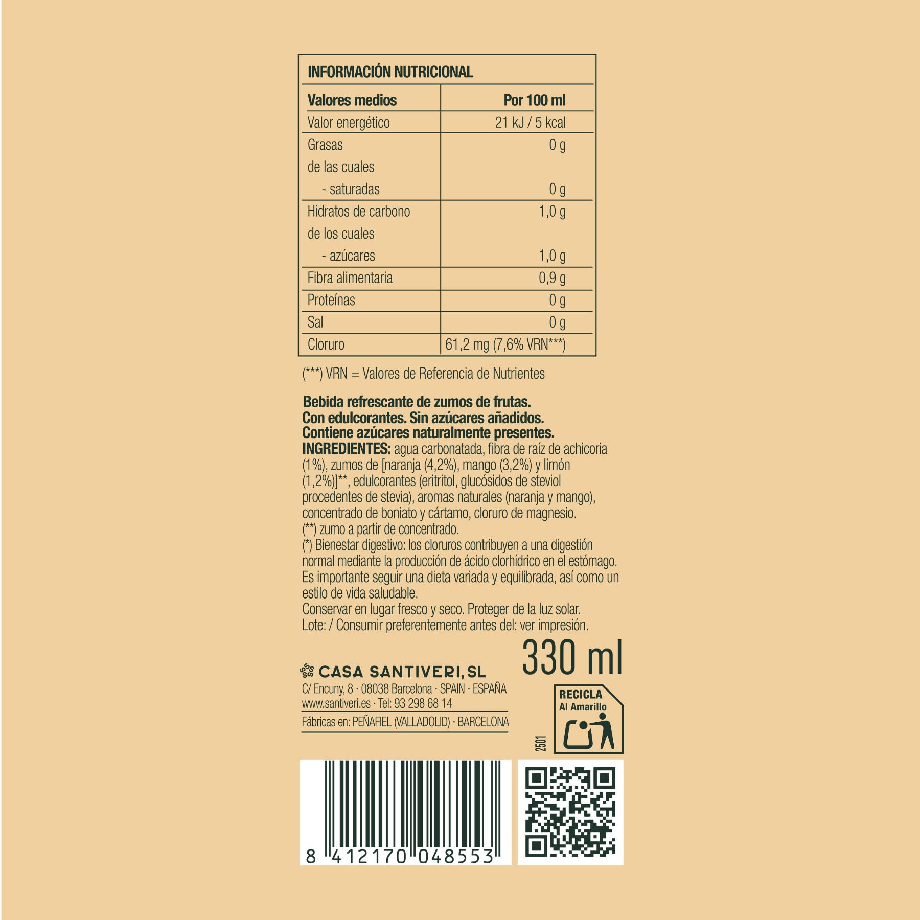 Santiveri - SANT Smart Drink, Bebida con Zumo Natural de Frutas y Fibra Prebiótica, Bajo en Calorías, Sin Azúcares, Ni Edulcorantes Artificiales - 12 Latas x 330 ml (Pack de 12, Naranja-Mango)