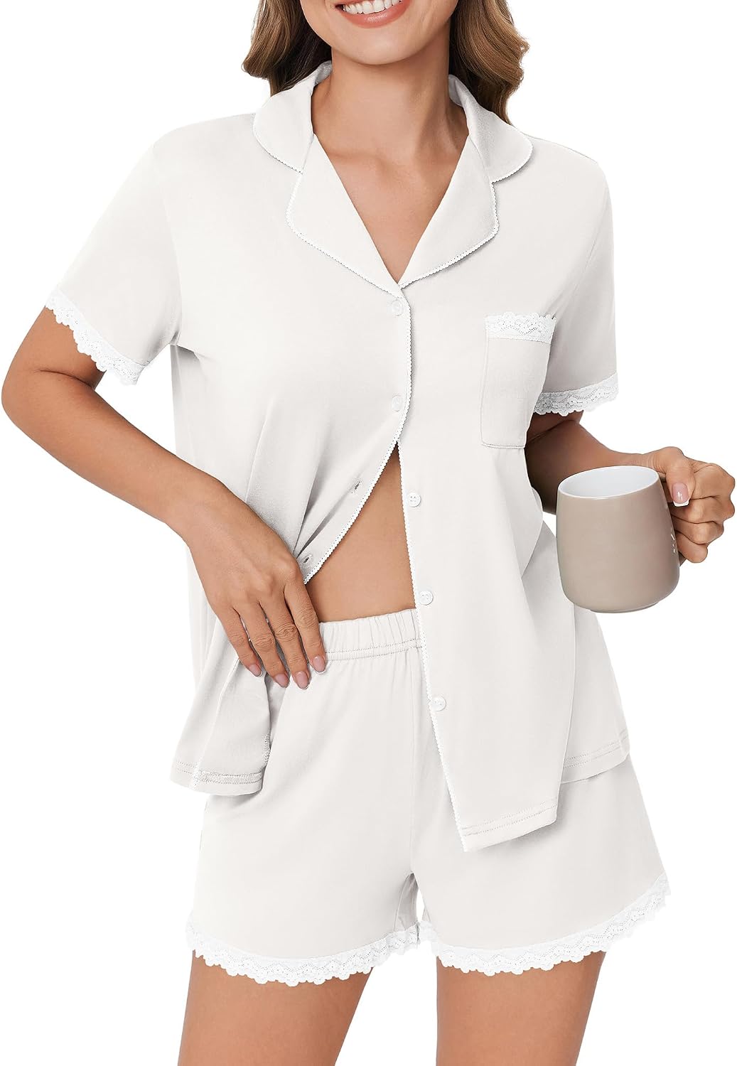 Ekouaer Womens Short Sleeve Pajamas Set Soft Sleepwear Button Down Lounge Set Lace Top and Shorts Pj Nightwear