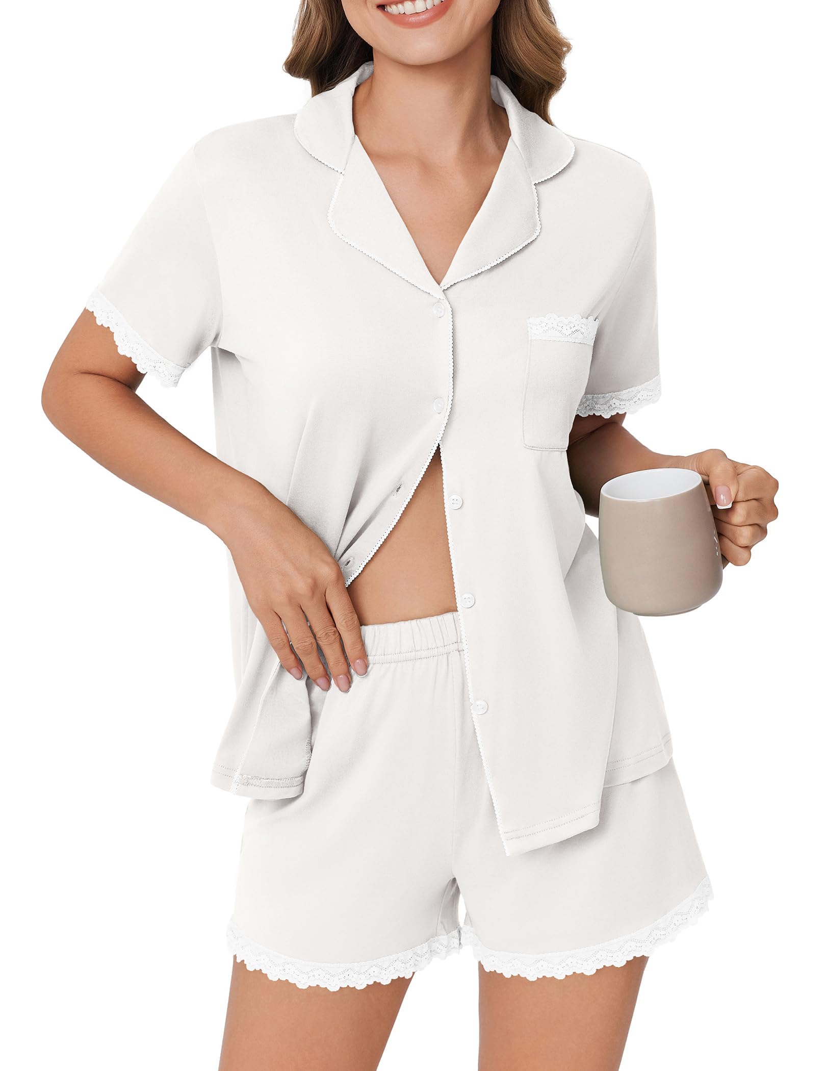 Ekouaer Womens Short Sleeve Pajamas Set Soft Sleepwear Button Down Lounge Set Lace Top and Shorts Pj Nightwear
