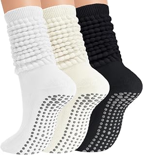Grip Pilates Socks for Women, Grippy Yoga Slouch Scrunch Socks for Barre Workout Hospital Non Slip Long Sock 3 pairs
