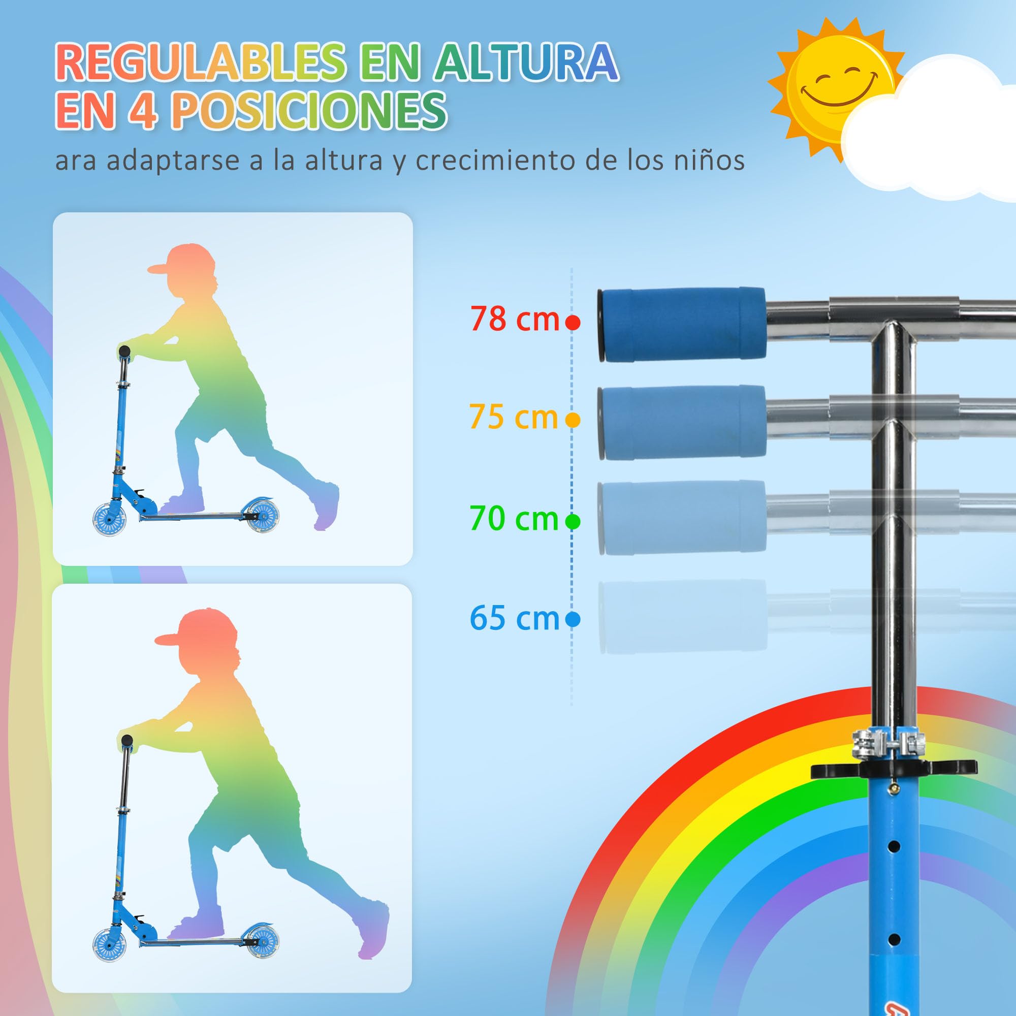 HOMCOM Patinete para Niños de 2 Ruedas, Patinete Infantil Plegable con Música 4 Altura Ajustable 65-78 cm Ruedas con Luces LED para Niños y Niñas de 3-7 Años Carga 50 kg