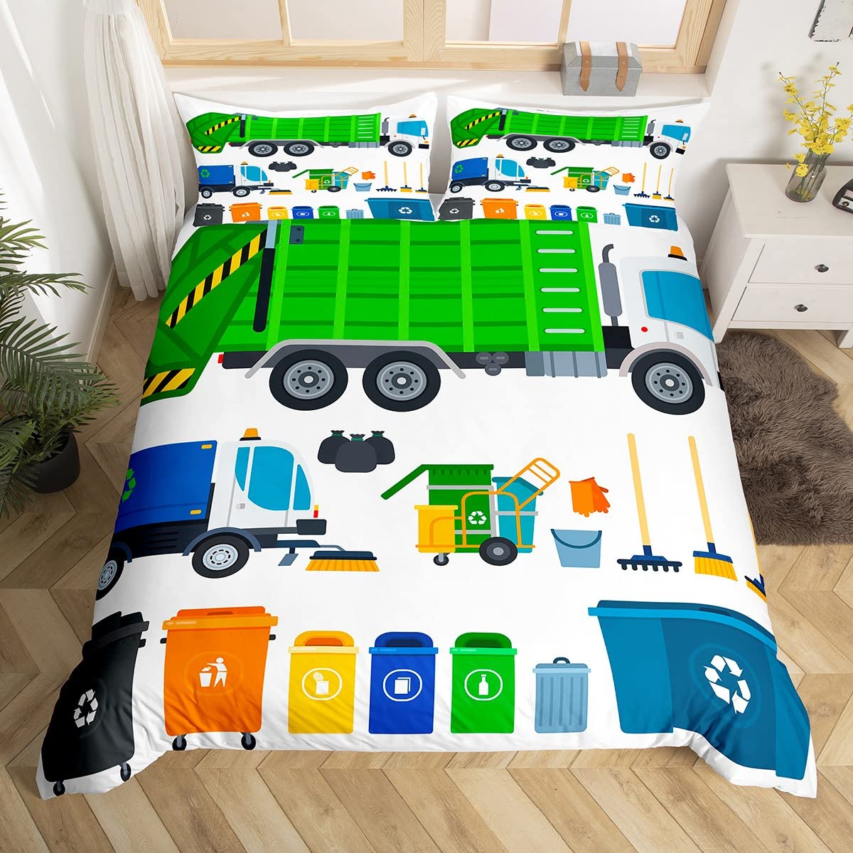 Kids Garbage Truck Comforter Cover For Toddler Boys Green Truck Bedding Set Single Size Recycling Trash Can Dumpster Duvet Cover For Teens Girls Waste Man Gement Vehicle Quilt Cover 1 Pillowcase