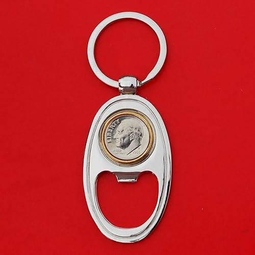 US 1988 Roosevelt Dime 10 Cent Gem BU Uncirculated Coin Gold Silver Two Tone Key Chain Ring Bottle Opener NEW