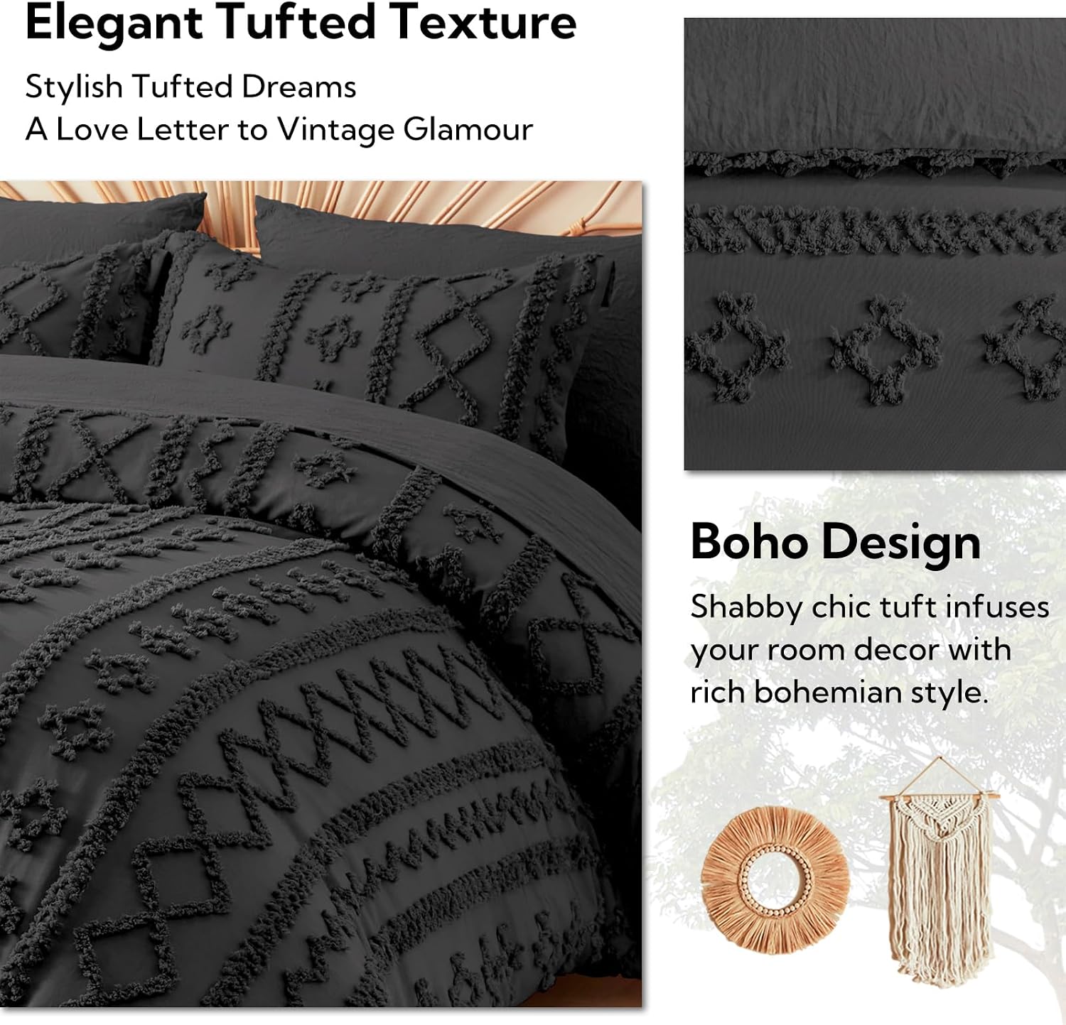 MR&HM 7 Pieces Comforter Set Full, Tufted Boho Farmhouse Bed Set Black image 4