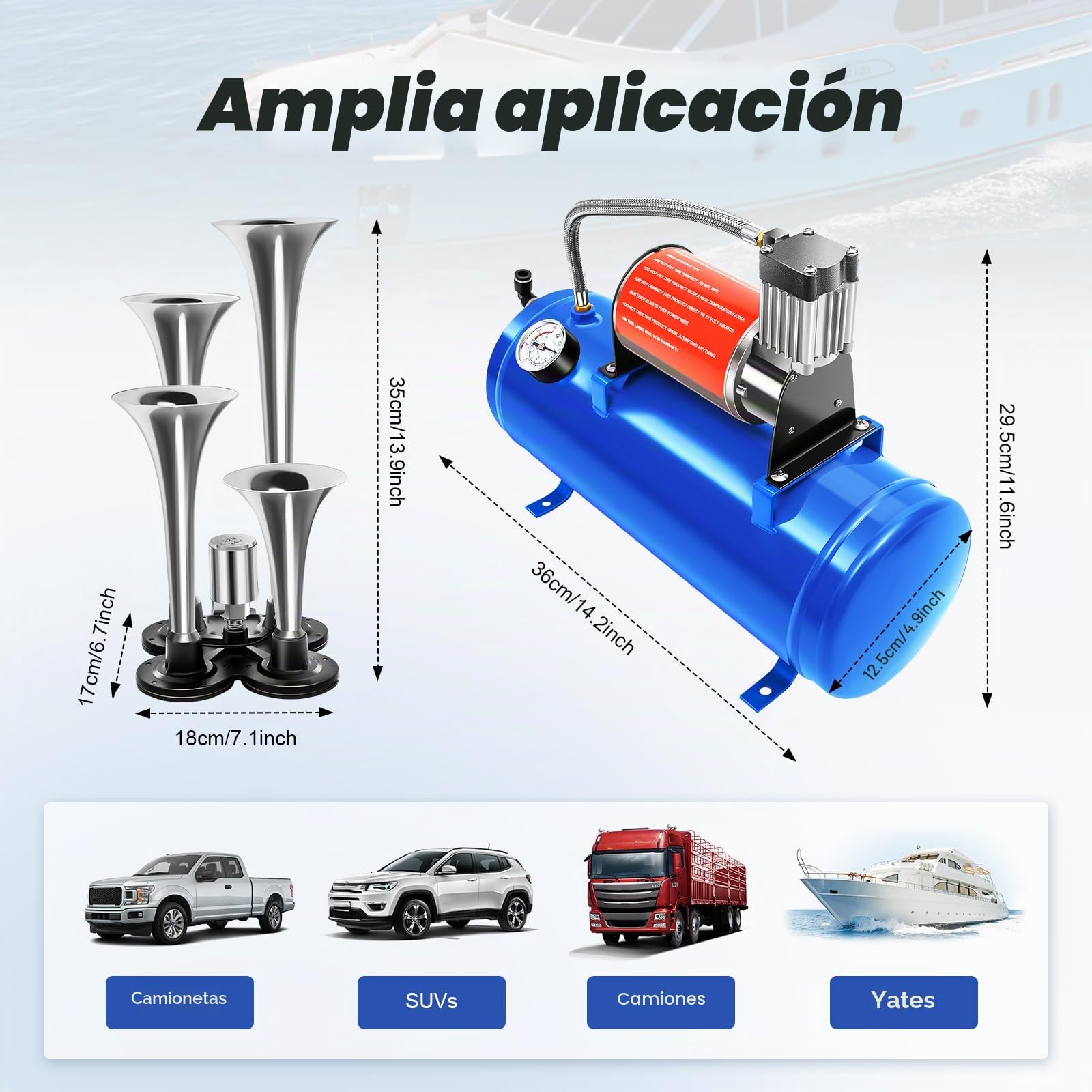 Compresor de aire comprimido de 12 V, compresor de aire con bocina de 4 tubos y canales de aire, compresor de aire para coche, bicicleta, motor de coche, depósito de 6L, 150 psi, 23 A
