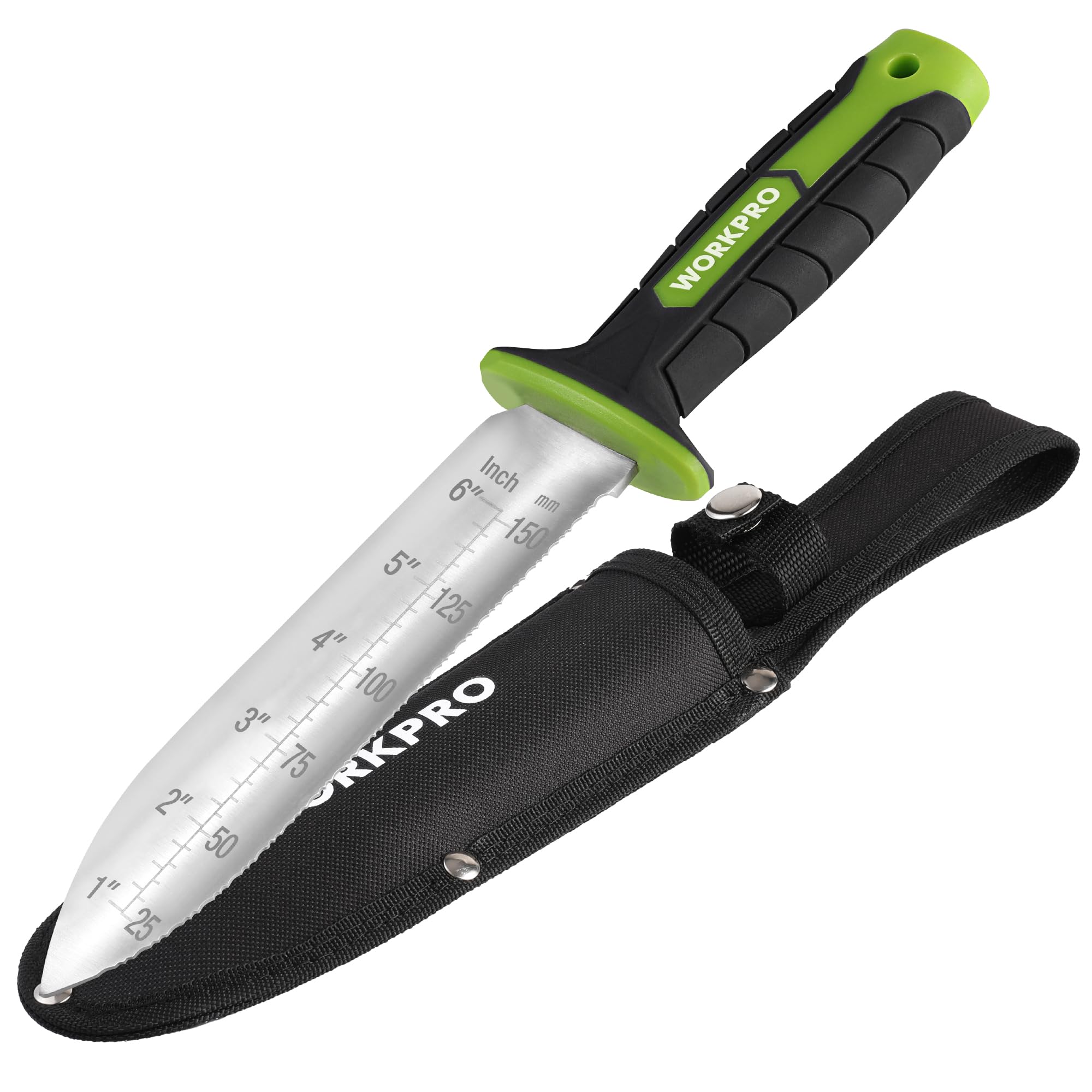 WORKPRO Hori Hori Garden Knife, 7" Stainless Steel Blade with Cutting Edge, Garden Tools with Oxford Sheath, Ergonomic TRP Handle with Hanging Hole for Weeding, Planting, Digging, Green