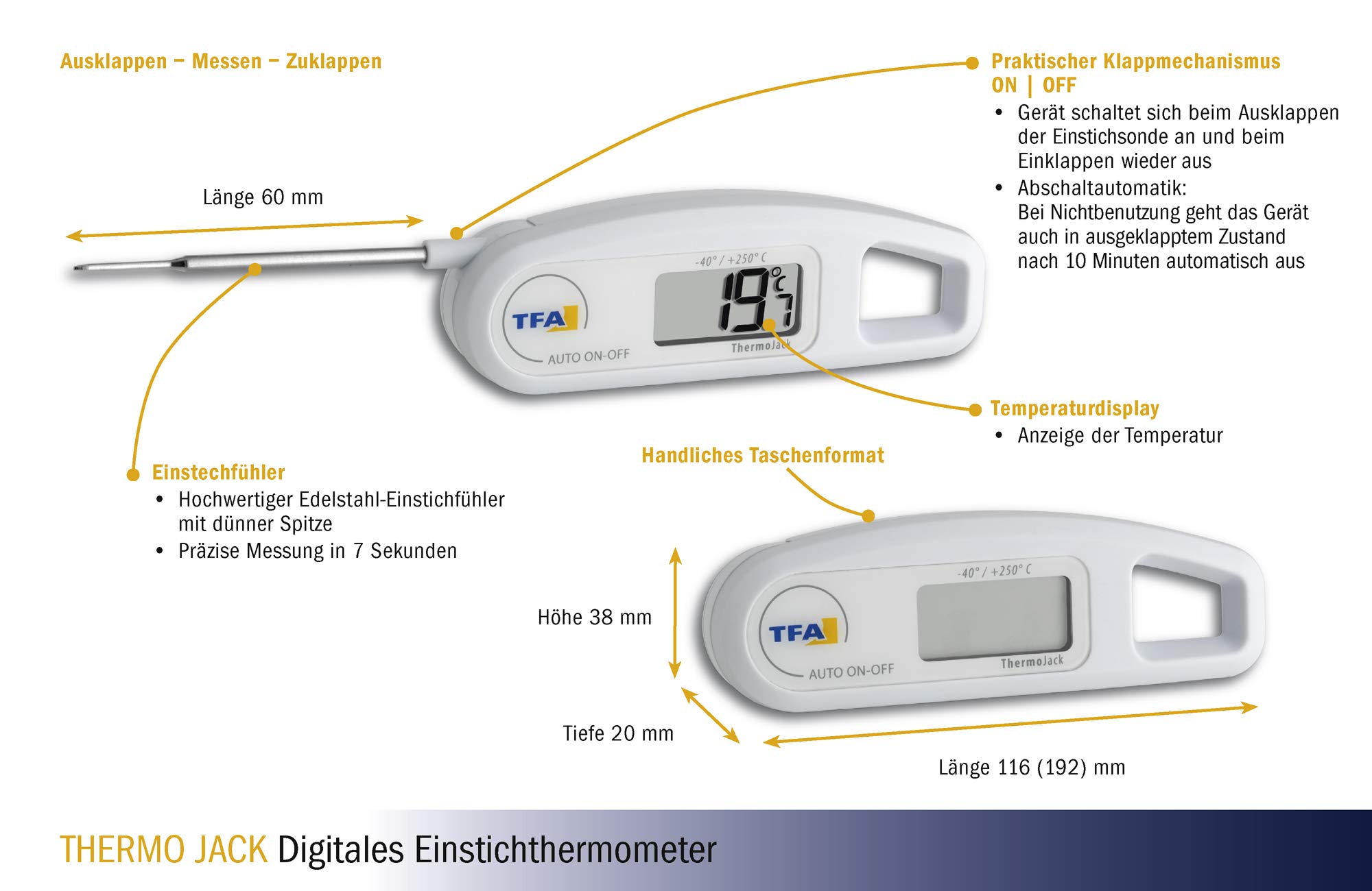 Thermomètre Digital TFA Dostmann Thermo Jack - Sonde 60mm - Pour Viande Et Aliments - IP65