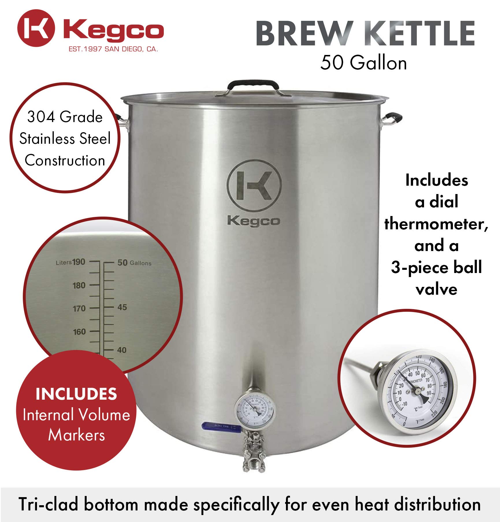 Kegco 3PXBK50-T3 50 Gallon Brew Kettle with Thermometer & 3-Piece Ball Valve