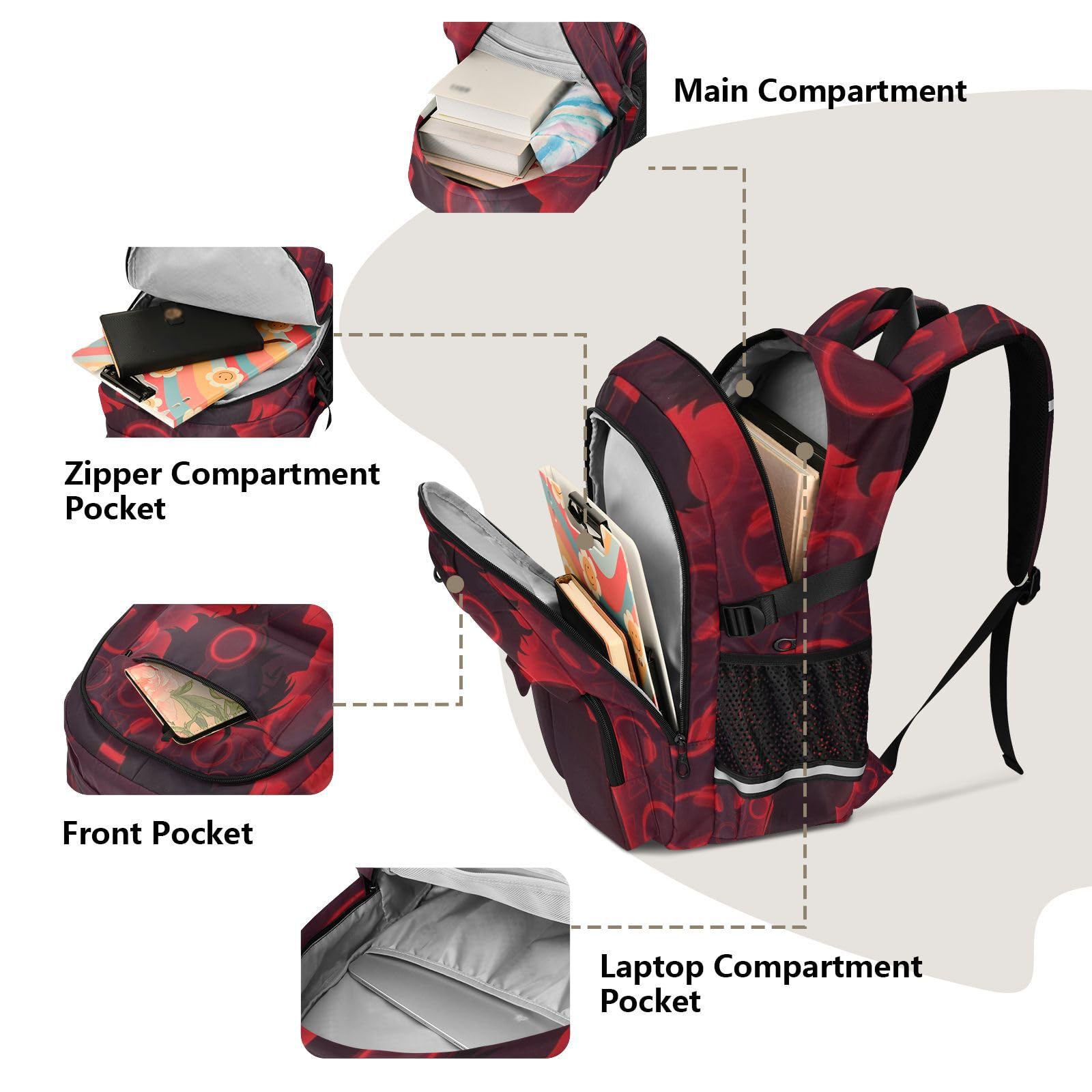 Zaini da viaggio per computer portatile, con motivo anime, con cuffie, colore rosso, 44,5 cm