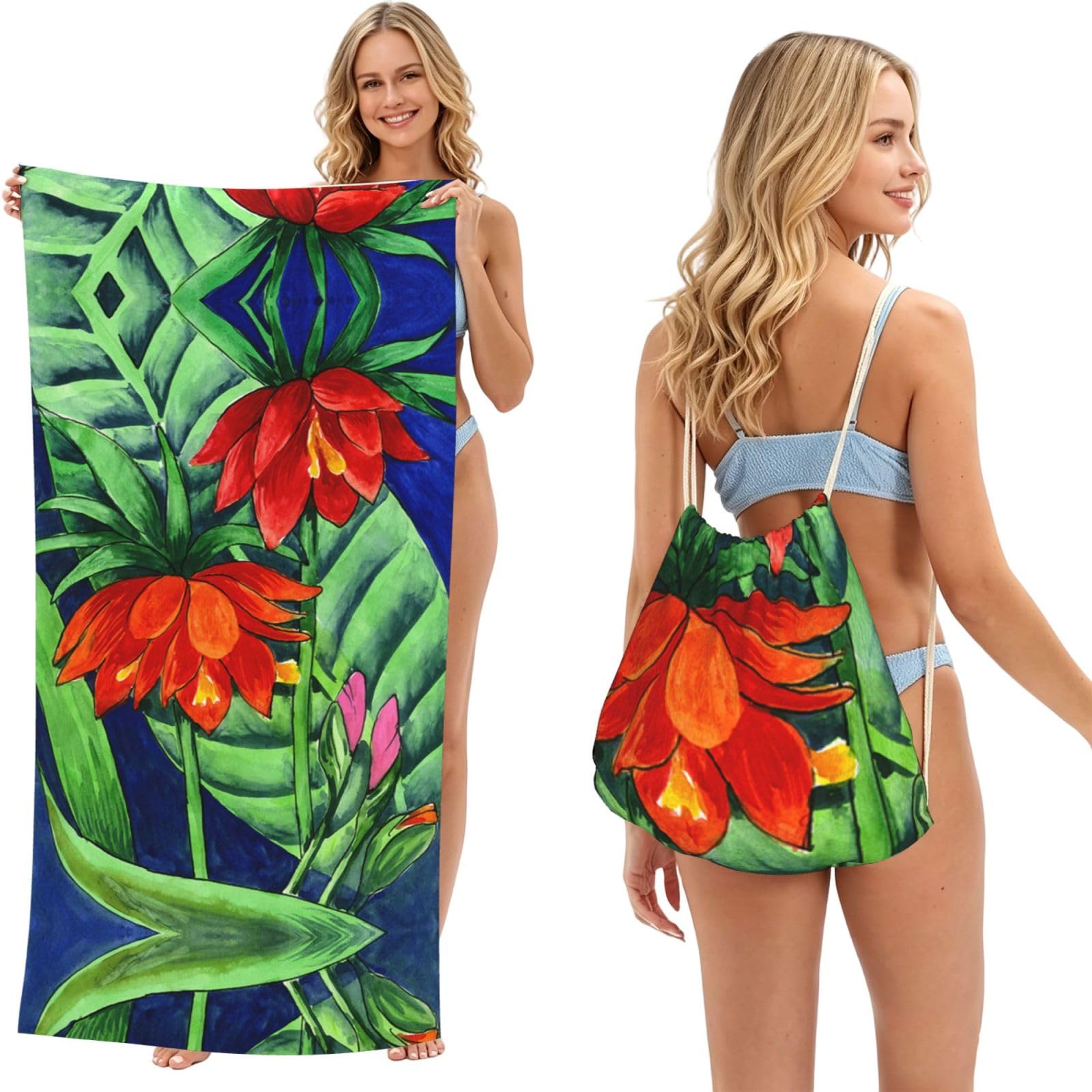 ESNAIUVCD Flower Print Beach Towel For Adults,Towel With Drawstring Bag, Travel Pool Swimming Sports Shower Sand Free Quick Dry Bath Towel For Pool, Beach, Yoga- 180x60cm