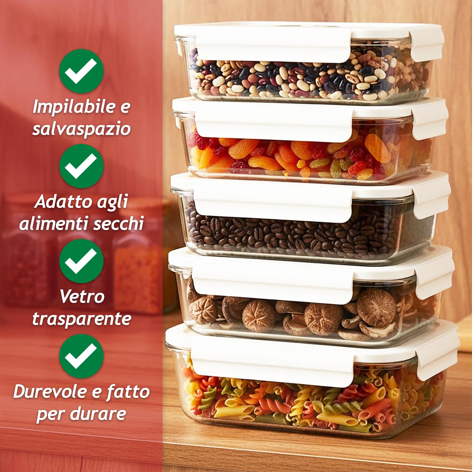 SPARES2GO Contenitori in vetro per alimenti sottovuoto con coperchi a clip di sicurezza (confezione da 5, medi, 1040 ml) + pompa sigillante manuale