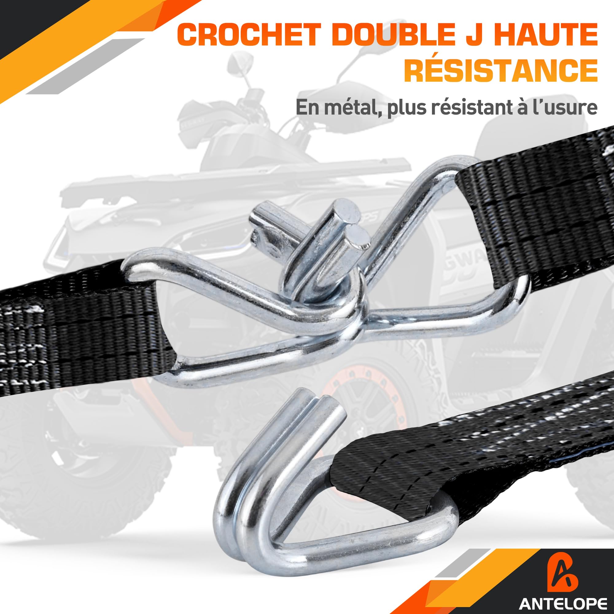 A ANTELOPE Lot de 4 sangles d'arrimage avec cliquet | 6 m | 35 mm | Sangles d'arrimage en deux parties avec cliquet et crochet 2 t (2000 kg), kit d'arrimage pour moto, voiture, noir