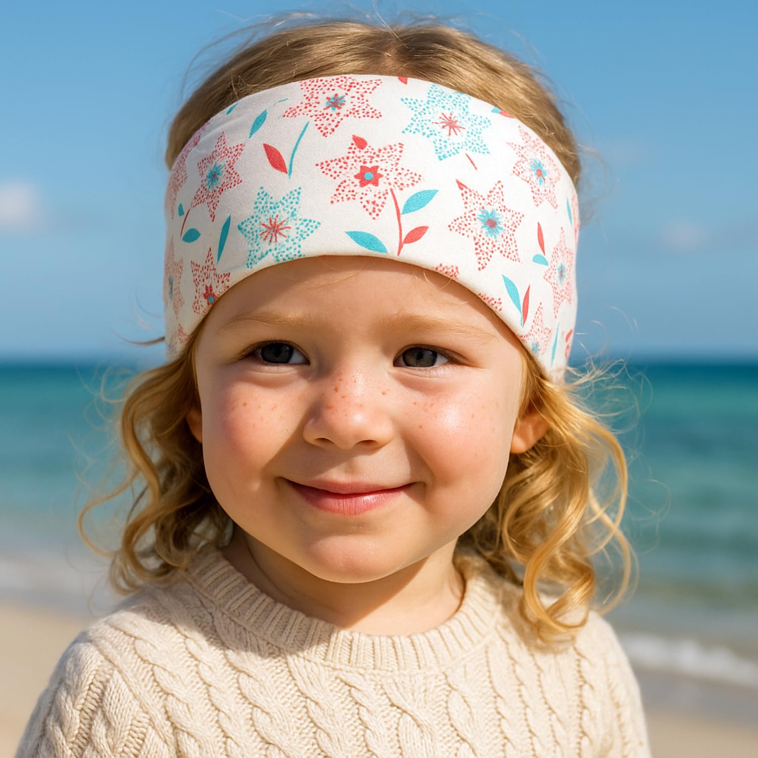 Wollhuhn ÖKO MINI Children's Wide Elastic Headband/Hair Band, Comfortable Cotton (KU 48-52) 21212222 (Flowers White/Coral)