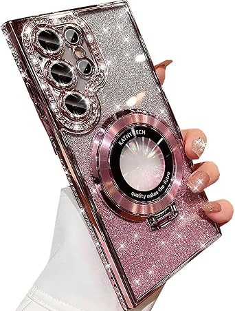Changjia for Samsung Galaxy S26 Ultra Magnetic Kickstand Glitter Case, [Compatible with Magsafe] Cute Bling Sparkly Diamond Rhinestones with Camera Protector Women Girls Case for Galaxy S26 Ultra,Pink