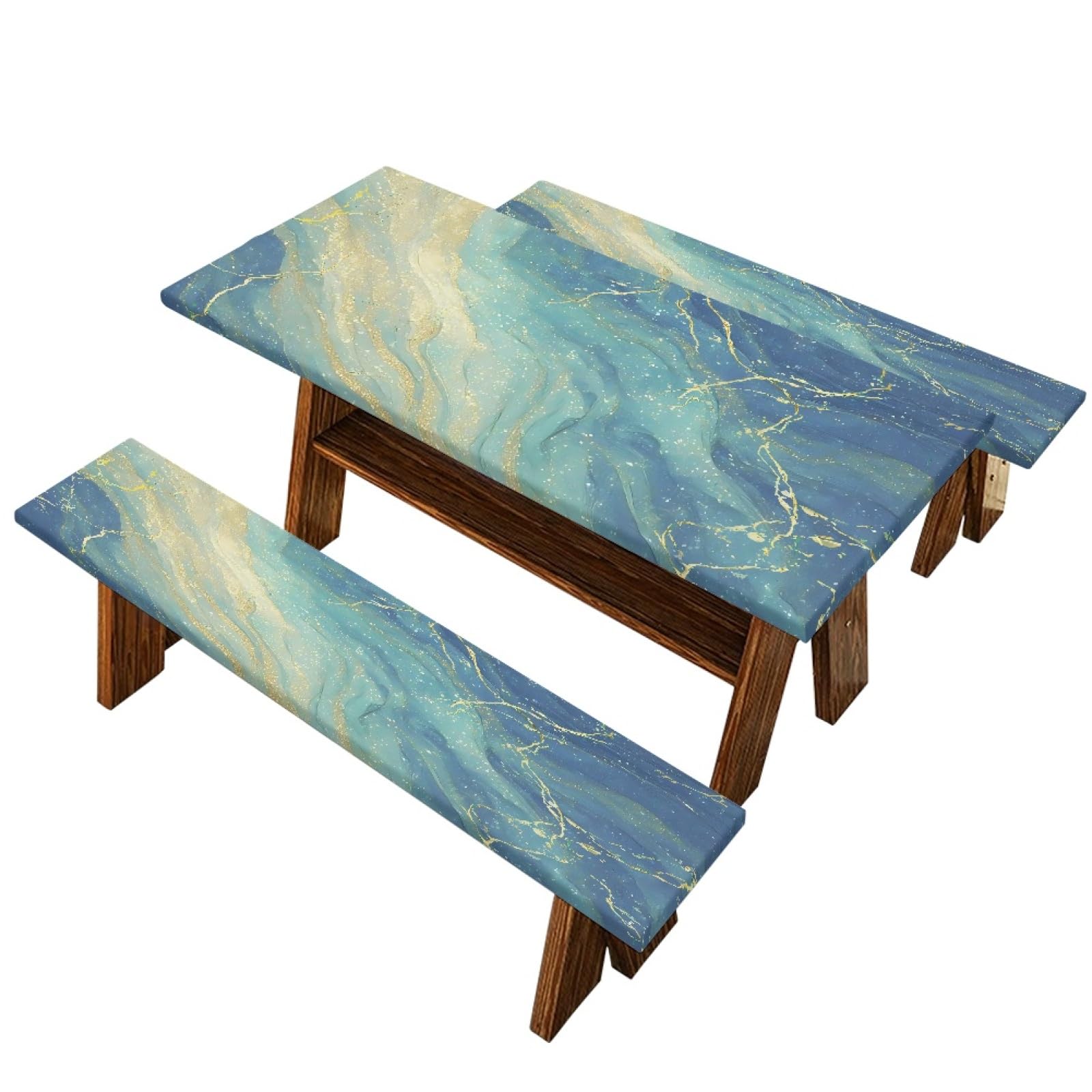 Mantel antimanchas elástico y fundas de asiento con estampado de mármol azul dorado S