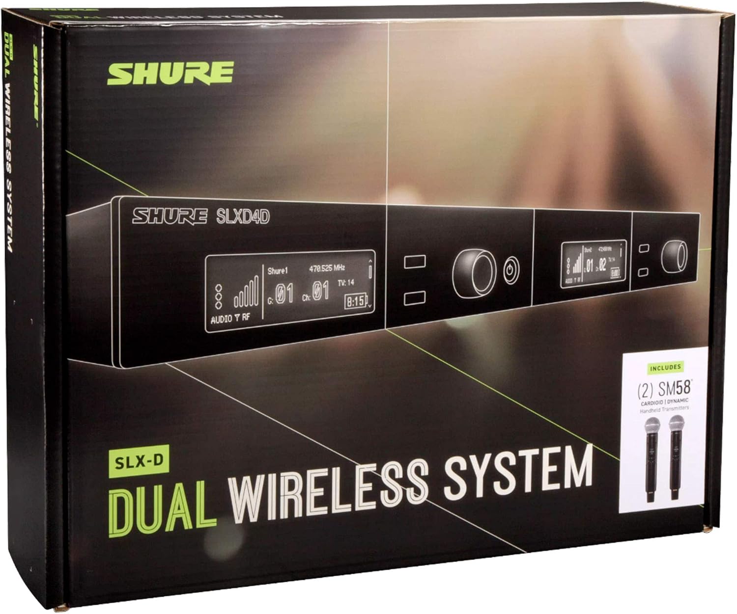 Shure SLXD24D/SM58 Dual Channel Digital Wireless Microphone System - Includes Two SLXD2 Handheld Transmitters with SM58 Vocal Mic Capsules, SLXD4D Rack Mount Receiver | J52 Band (SLXD24D/SM58-J52)