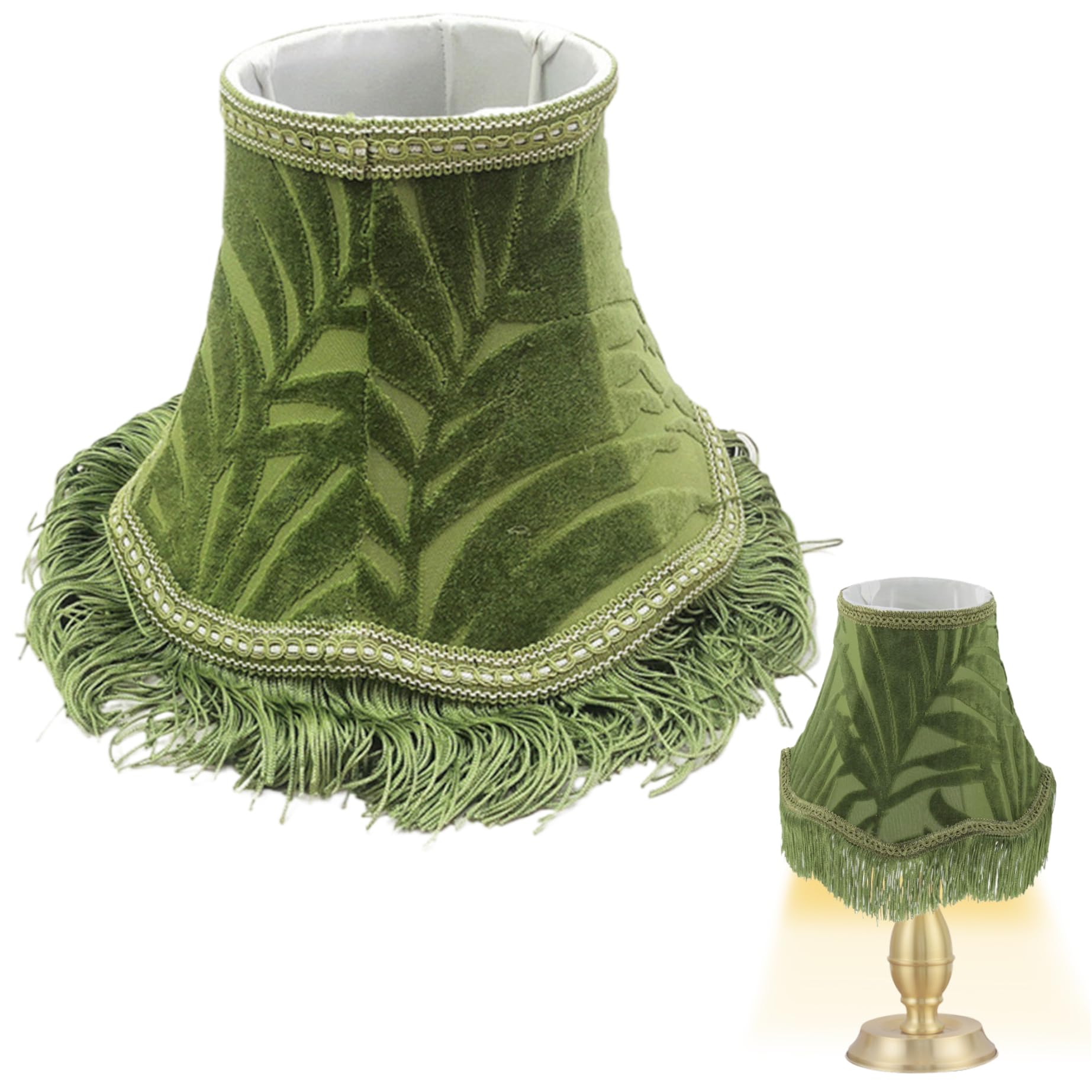 NIDONE Victorian Lamp Shade Olive Green Vintage Fringe Dust Protection Gold-Trimmed Rustic Lamp Shade for Hotel, Living Room, Bedroom, Scalloped Shape