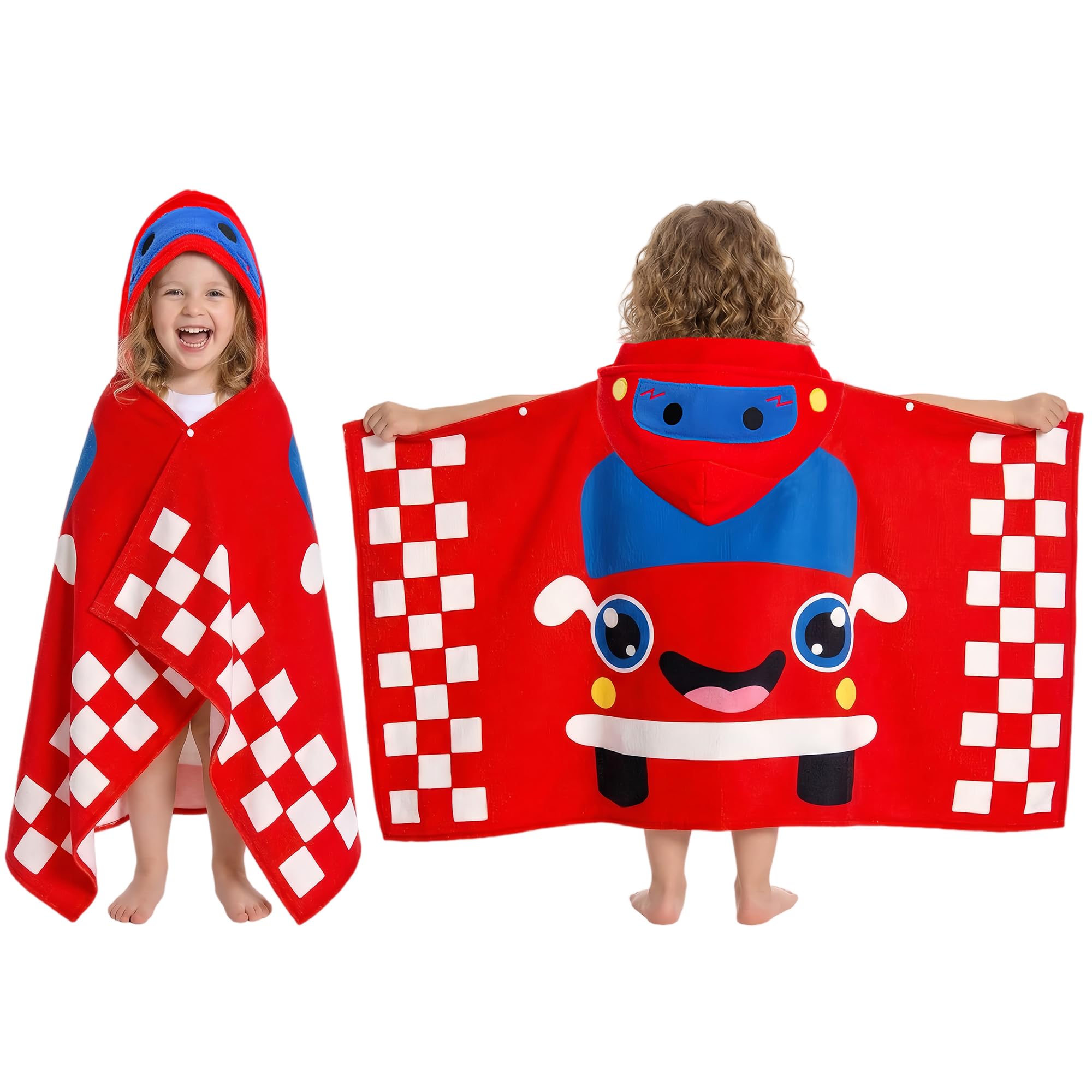OLAOLA Car Hooded Towel for Kids 3-12 Years, 28" x 53" Soft Thick Absorbent Beach Towels, Toddler Bath Towel Wrap Swim Pool Towels Poncho for Boys