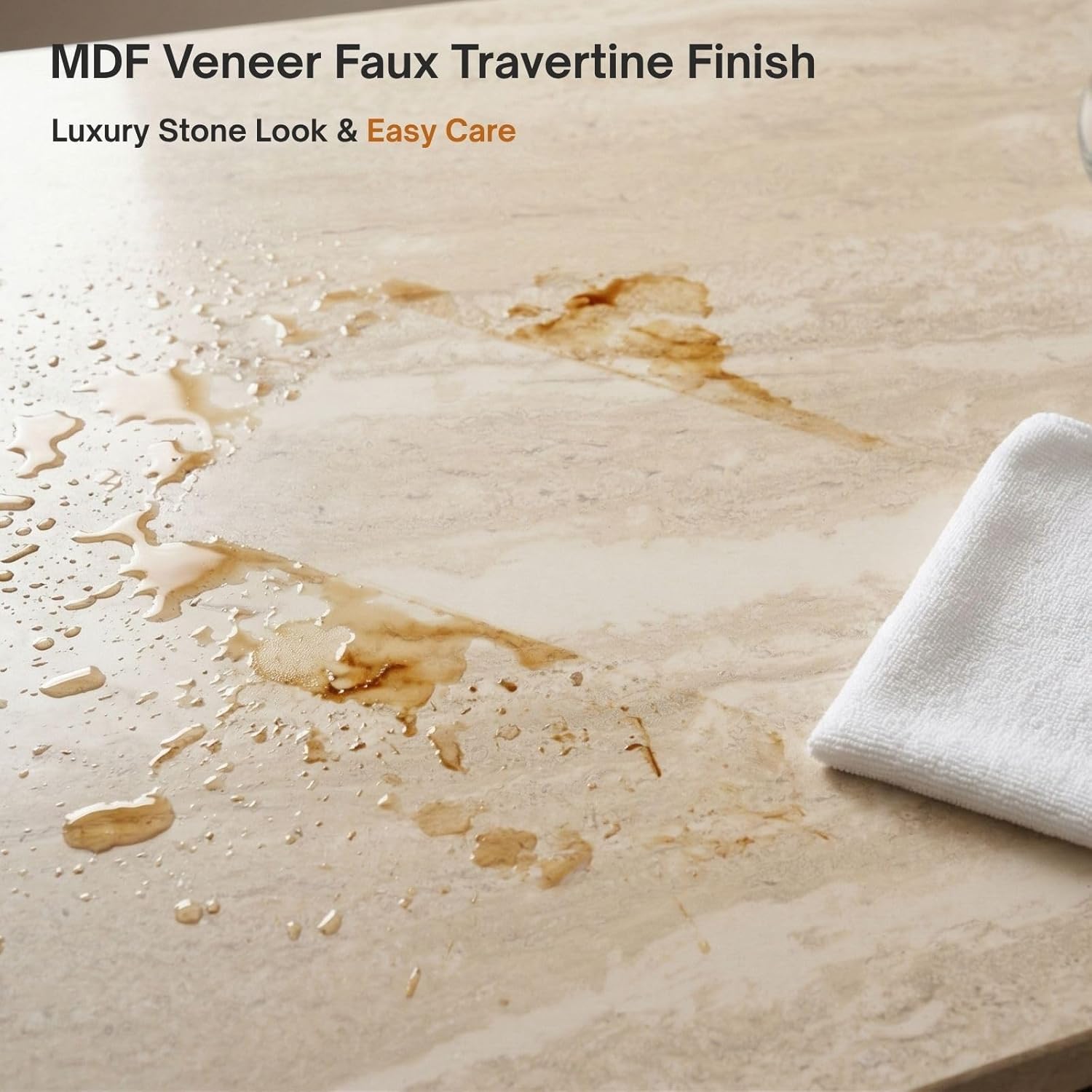 Modern Faux Travertine Look Coffee Table, Rectangular Minimalist Coffee Table with Sturdy Frame, Contemporary Accent Table for Living Room, Office, Apartment, Natural Beige