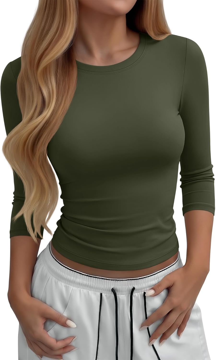 Neer Women's Workout Tops 3/4 Sleeve Compression Shirt Athletic Gym T-Shirt Yoga Running Fitted Crew Neck Basic Tee