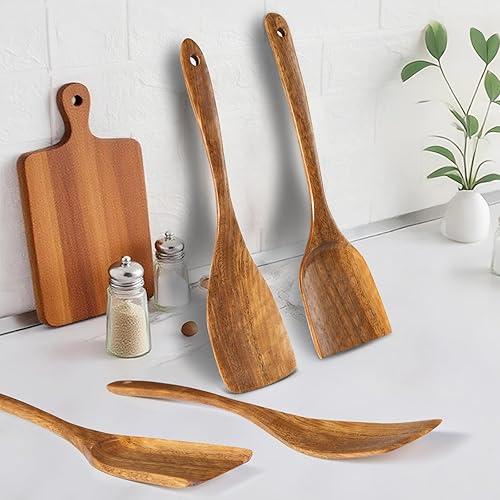 Miniatura 4 de Espátulas de madera, 2 piezas de utensilios de cocina de madera de acacia natural para sartén antiadherente, espátula para voltear y wok, cucharas