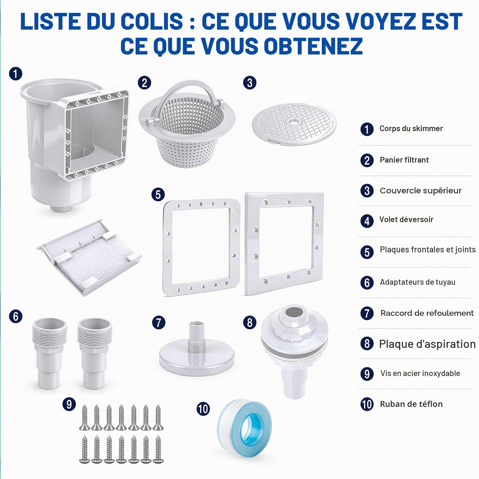 Kit skimmer encastrable 8 pièces pour piscines à paroi en acier, buse d'admission, grand panier skimmer, raccord de tuyau 32/38 mm, blanc, nettoyage et entretien de l'eau