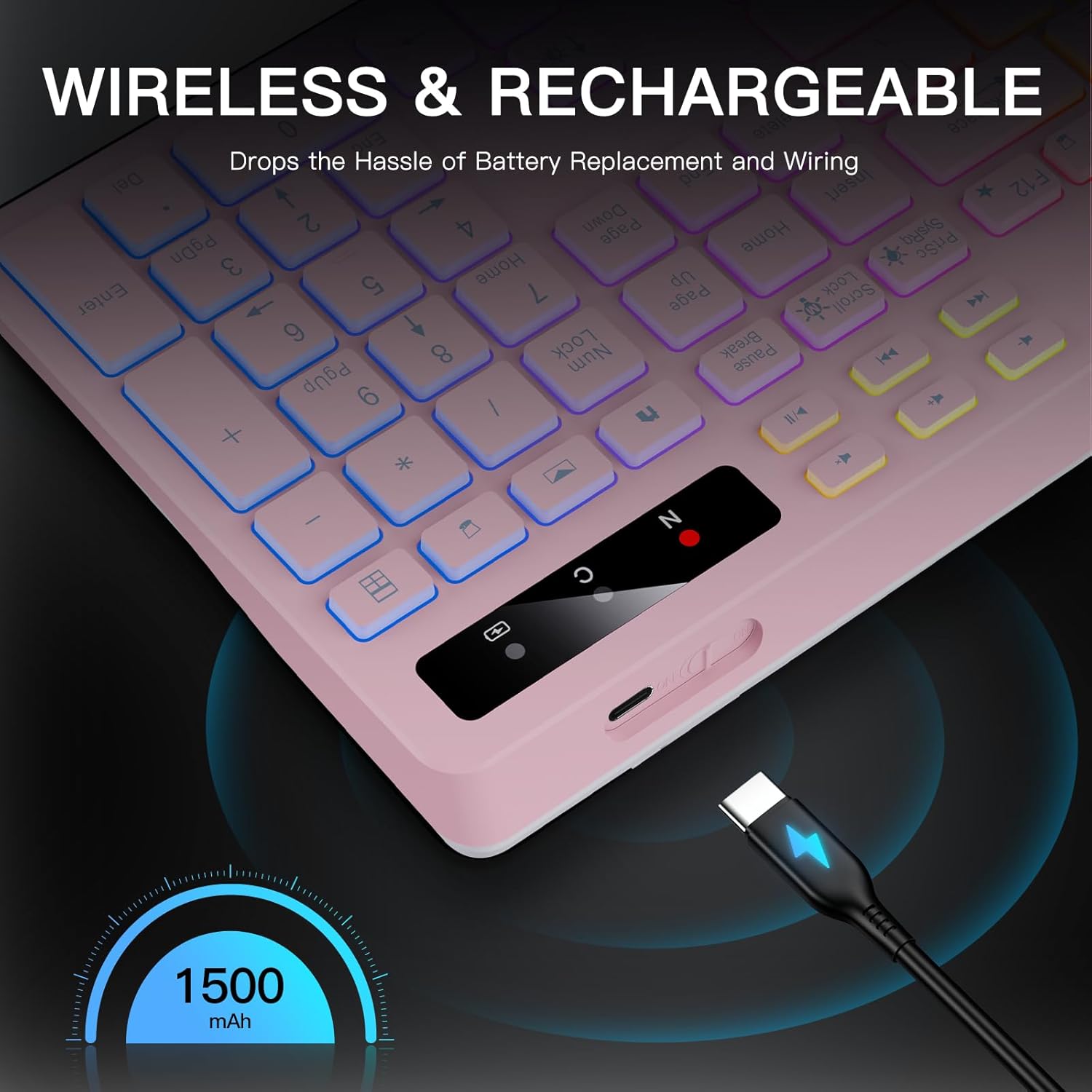 Soueto Wireless Keyboard with 7-Color RGB Backlit, Full-Size Computer Keyboard with Phone Tablet Holder, 2.4G Rechargeable Gaming Keyboard with Light Up Keys, Compatible with Mac, Windows (Pink)