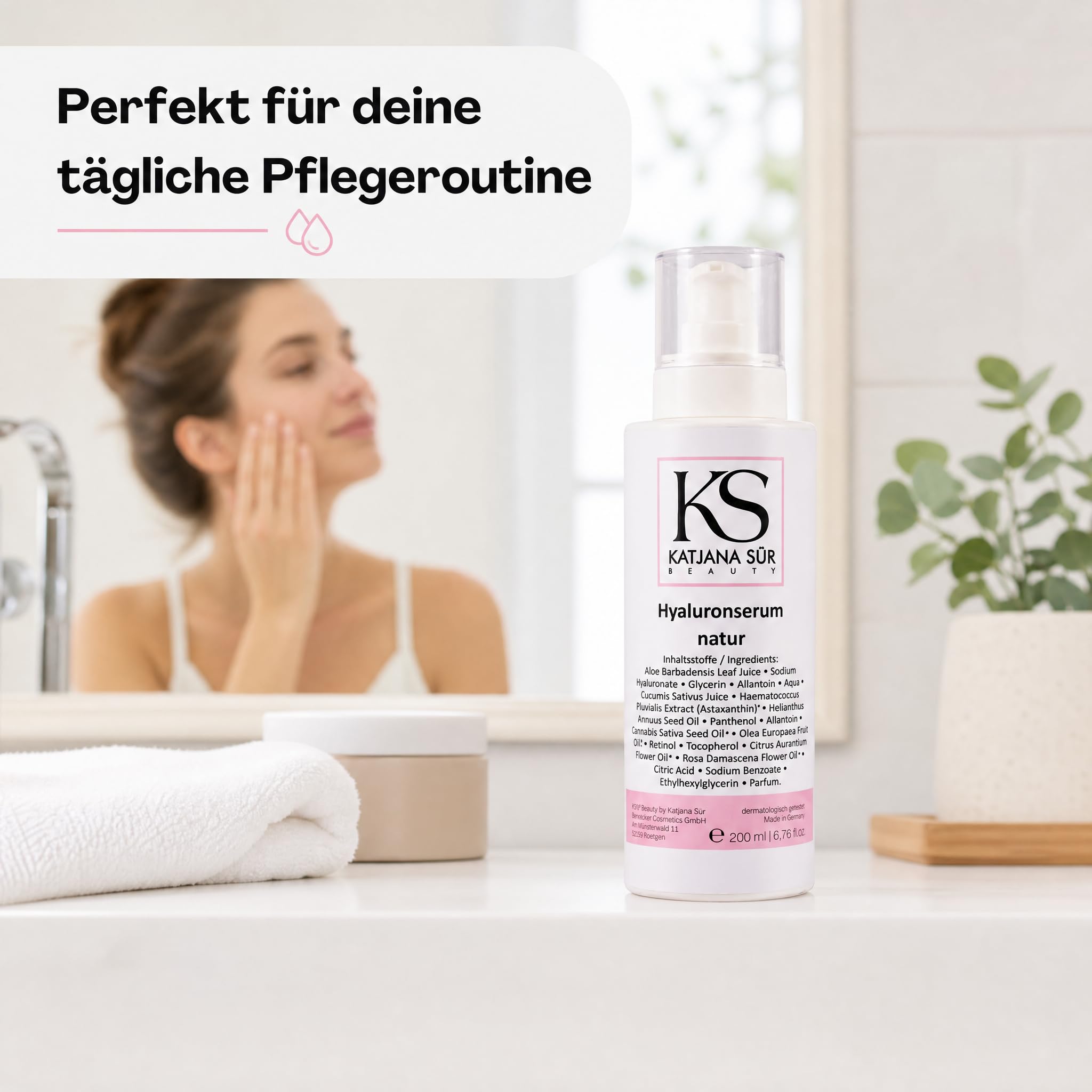 KS Beauty Hyaluron Serum Gesicht mit Retinol & Aloe Vera, 200 ml | Feuchtigkeitsserum mit Hyaluronsäure, Astaxanthin & Vitamin E – dermatologisch getestet, Made in Germany