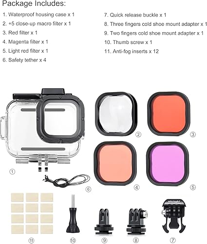 Miniatura 9 de SOONSUN Funda impermeable para GoPro Hero 11 / 10 / 9 negro con filtro de buceo - Carcasa protectora submarina de 196.9 ft para GoPro HERO11 10 9