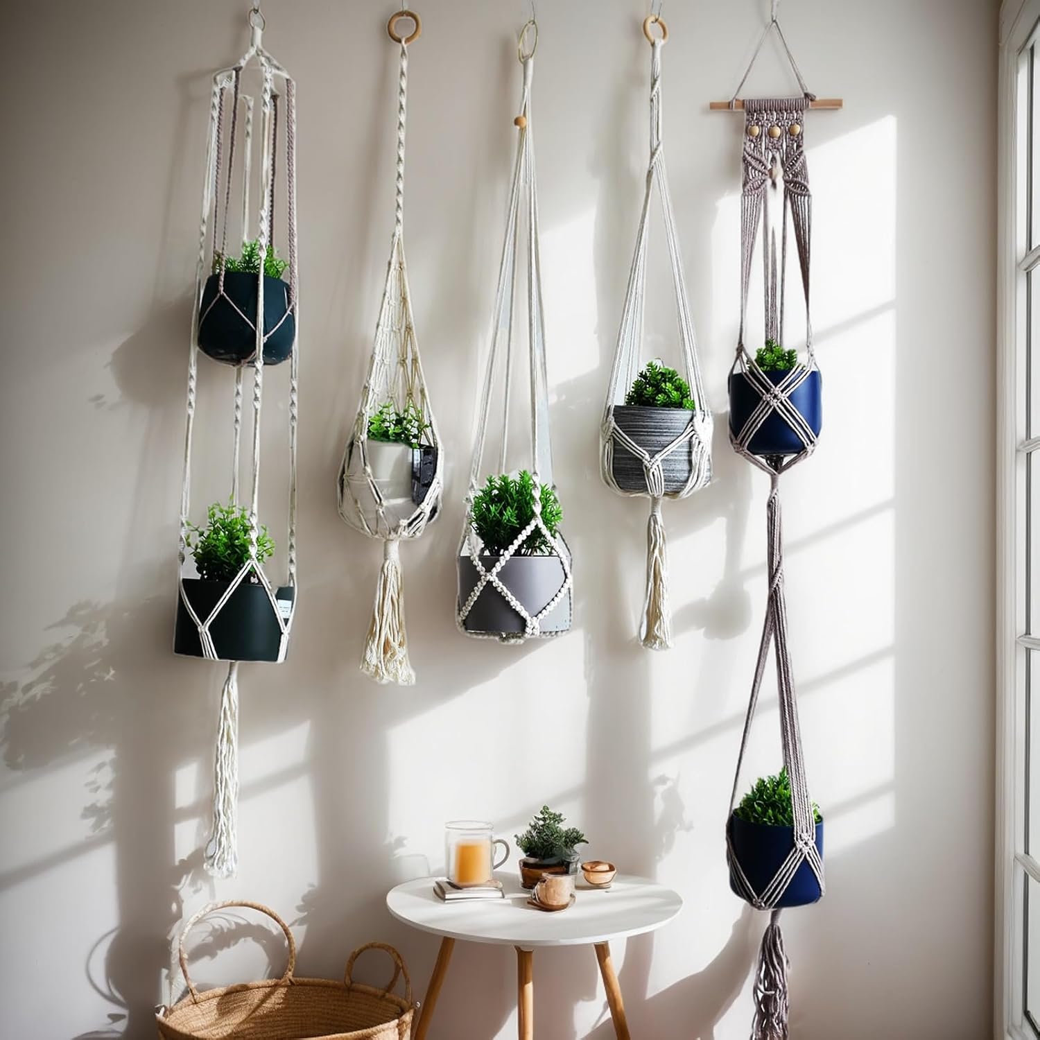5 Packs Macrame Plant Hangers Set, Creative Handmade Cotton Rope Flower Basket, Indoor Hanging Planters, Boho Home Decor, Multiple Designs for Plant Holder (Beige + Champagne Color)
