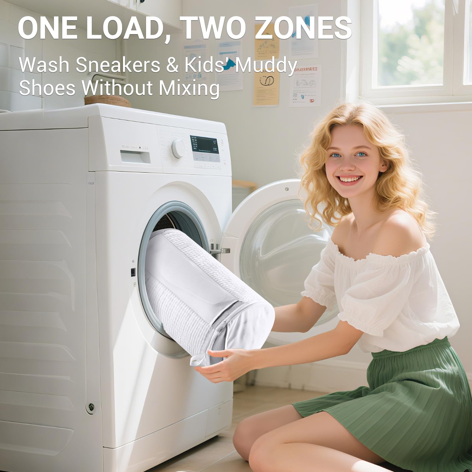 Teletrogy Grande borsa per scarpe per lavatrice, design a due zone, 2 tasche in rete, lavaggio in un solo passaggio per una pulizia completa, durevole cerniera invisibile borsa per biancheria da