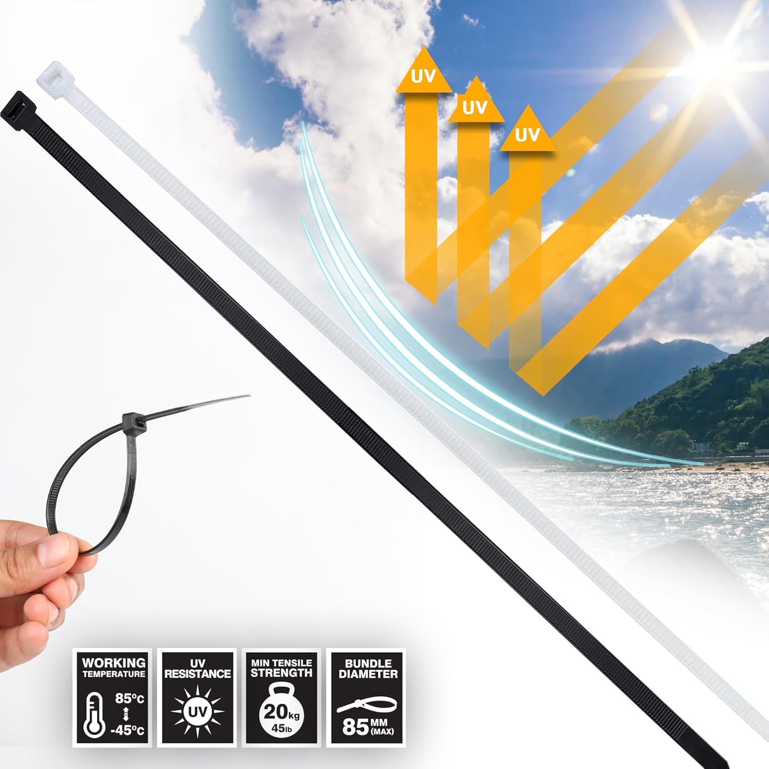 Dekton 100PC Cable Tie Set - 4.8MM X 200MM White | Heavy Duty Industrial Strength | High Temperature Resistant | Self-Locking Teeth | Ideal for Cables, Piping, Gardening & Wires | Indoor & Outdoor Use