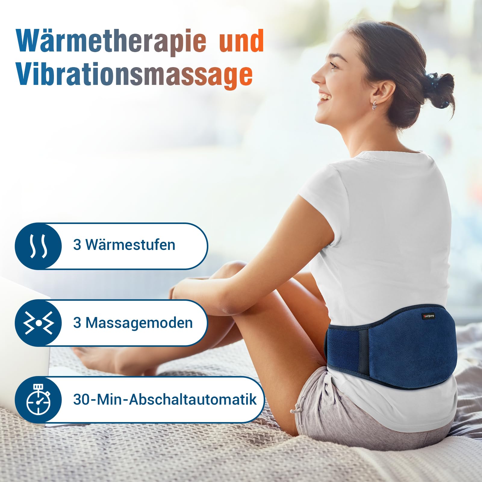 Comfytemp Wärmegürtel Vibrationsmassage für Rücken mit 25Wh Akku,18x147cm Kabellos Heizgürtel Massagegerät, Ultraweich Heizkissen mit Abschaltautomatik, Rückenwärmer mit USB