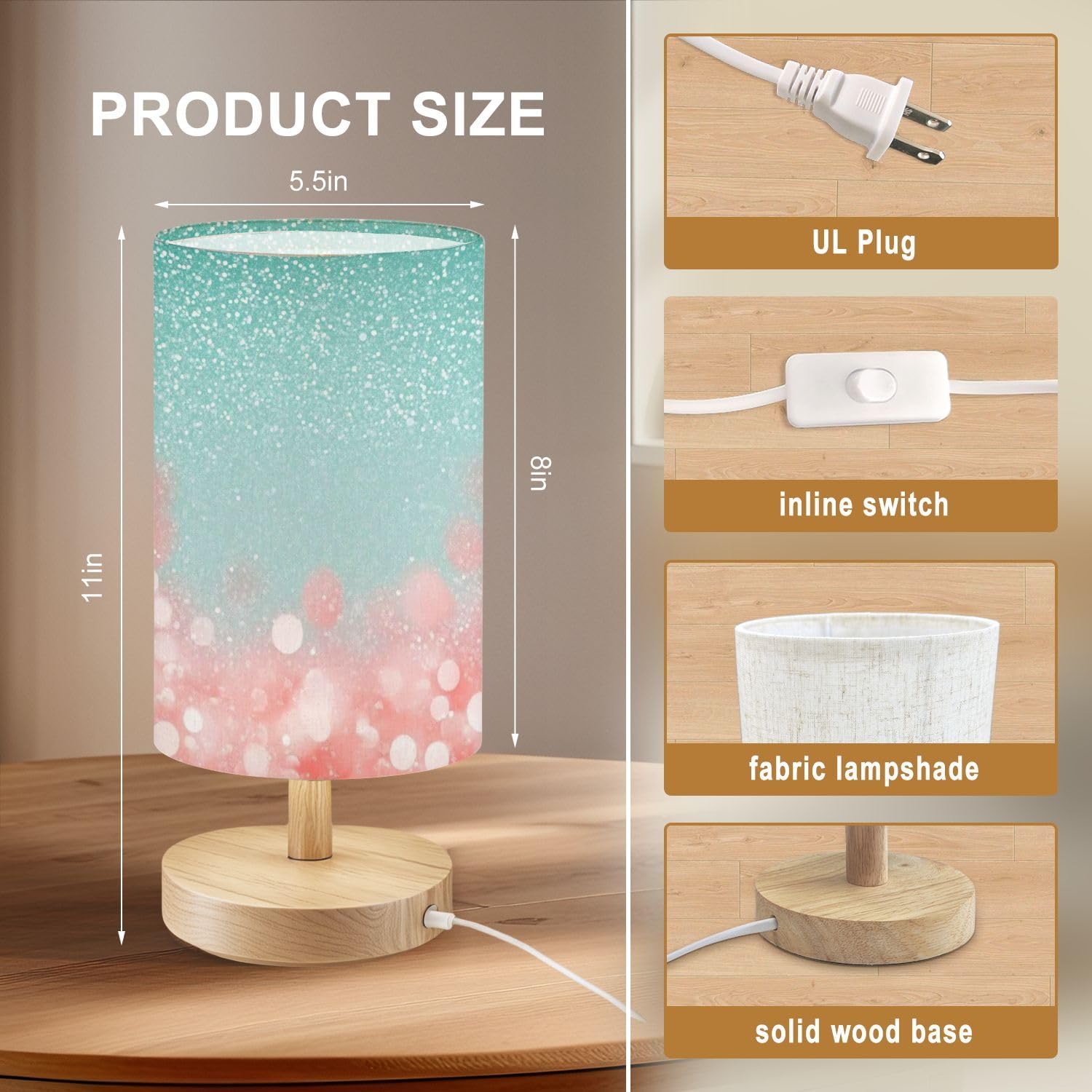 Bedside Table Lamp Fancy Teal Green Glitter Coral Pink Peach Sparkle Turquoise 16-Way Dimmable Small Desk Lamp with Round Flaxen Fabric Shade for Nightstand Bedroom Living Room Home Decor