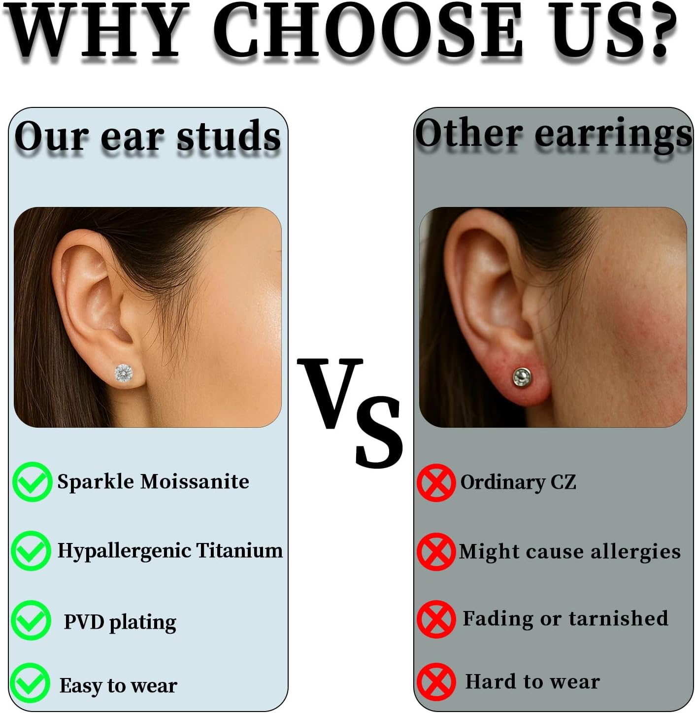 Moissanite Stud Earrings in 14K White Gold Plated Titanium | HypoAllergenic Earrings for Women & Men - Image 6