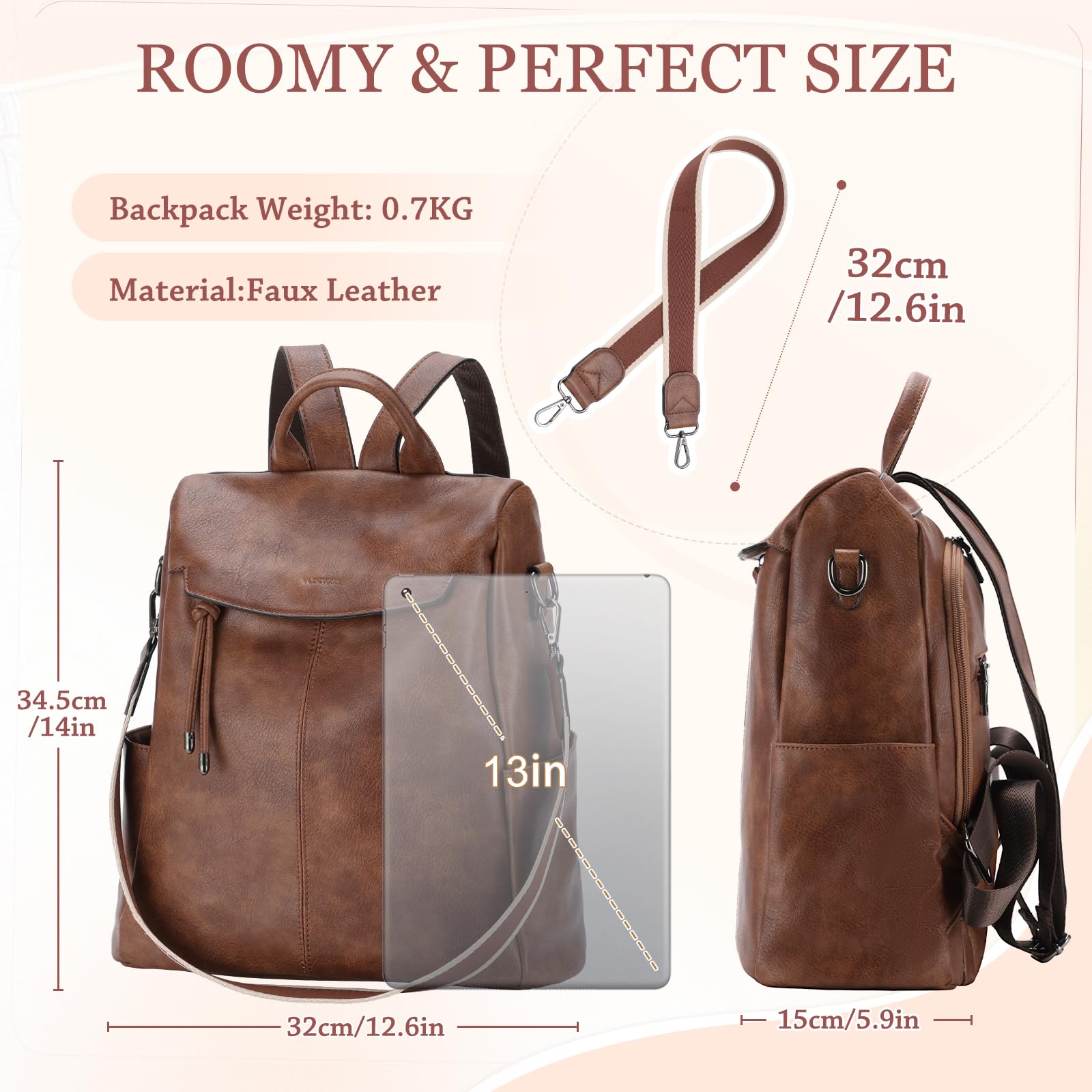 VX VONXURY Backpack Purse for Women Faux Leather Anti-Theft Backpack With Detachable Shoulder Strap Fashion Women Handbag For Daily Work Travel