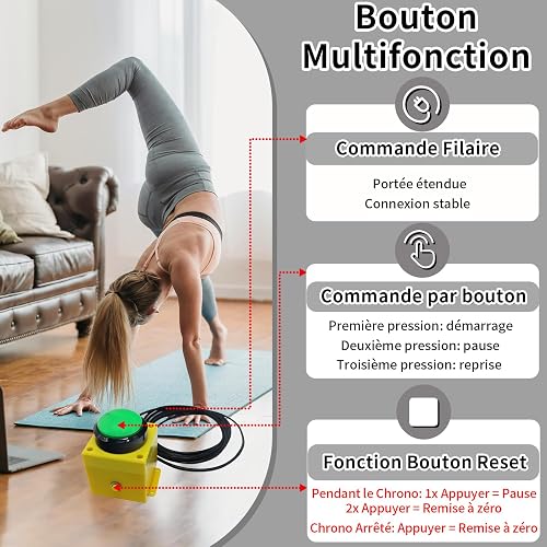 Ousmile Minuterie avec Bouton Marche/Arrêt, Compte à Rebours avec Télécommande, Horloge Murale Numerique 5'' Chiffre LED, Chronomètre Sport avec Trépied, Timer Minuteur pour Marathon Home Gym - 3