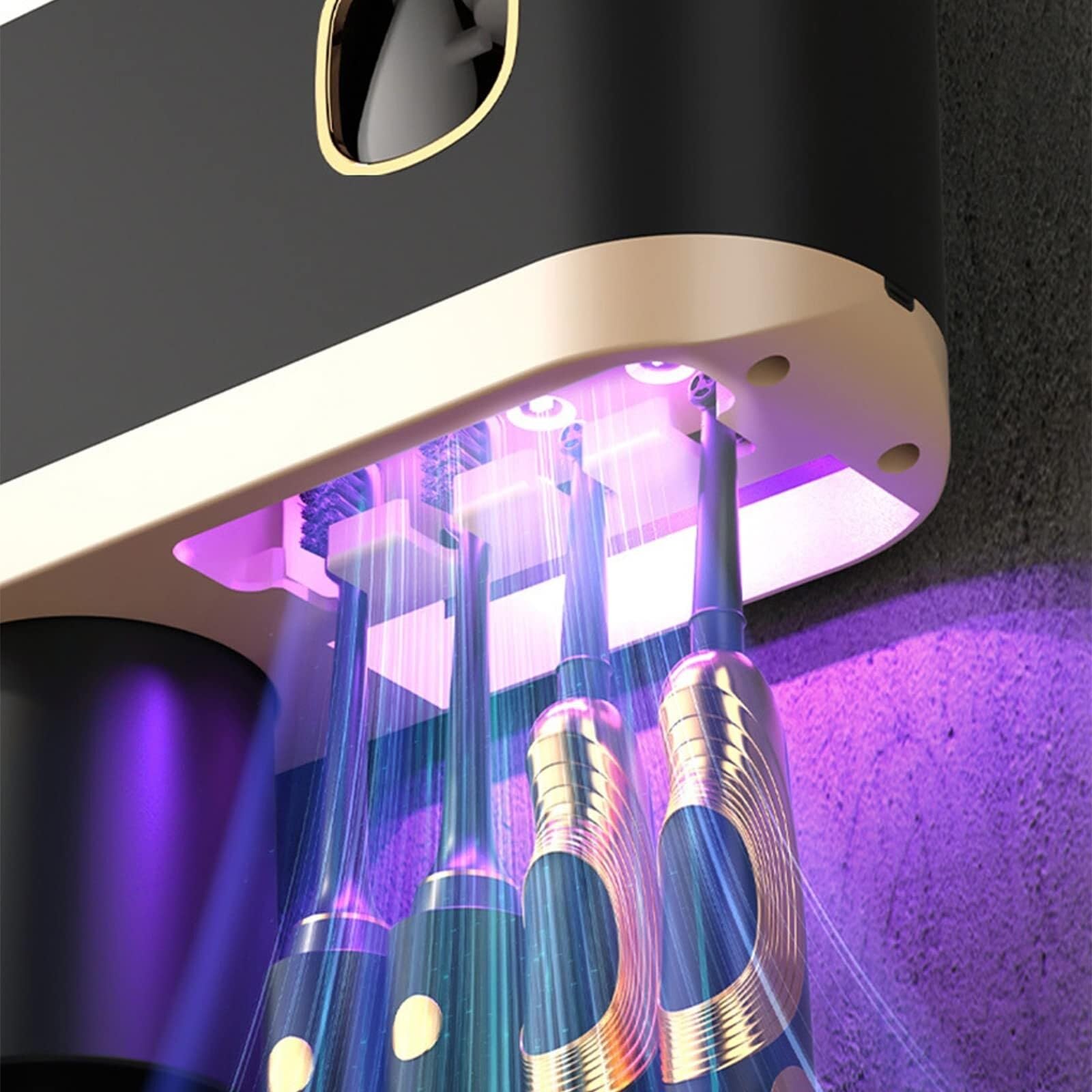 Portaspazzolino elettrico sterilizzatore UV, ricaricabile, dispenser automatico di dentifricio, ideale per doccia e bagno, montaggio a parete, nero, 4 tazze, protegge e igienizza le spazzole (3 tazze)